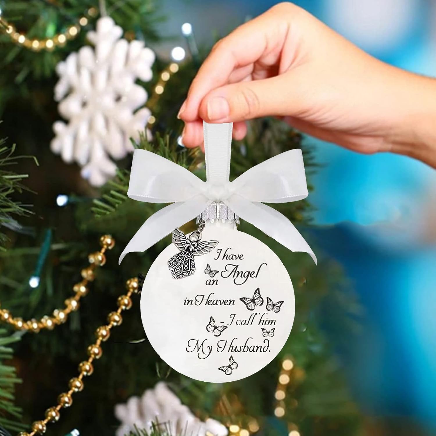 Adornos conmemorativos de Navidad, bola de plumas “Tengo un ángel en el cielo” con colgante de ángel pequeño, adorno de bola de Navidad, para mamá,