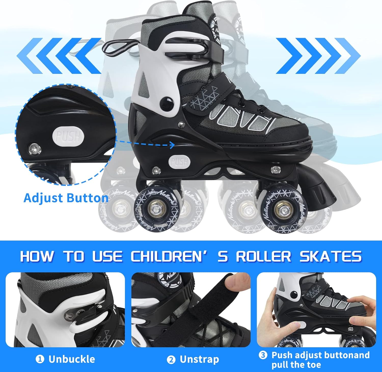 Nattork Patines de ruedas para niños y niñas, 4 tamaños ajustables con ruedas iluminadas para niños principiantes para interiores y exteriores