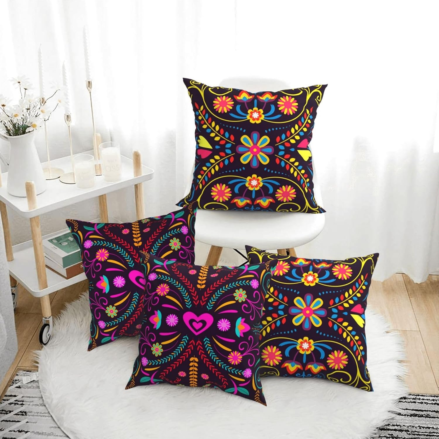 4 fundas de almohada del Día de los Muertos, fundas de almohada de fiesta mexicana, coloridas libélula y dalia, funda de cojín cuadrada Dia de los
