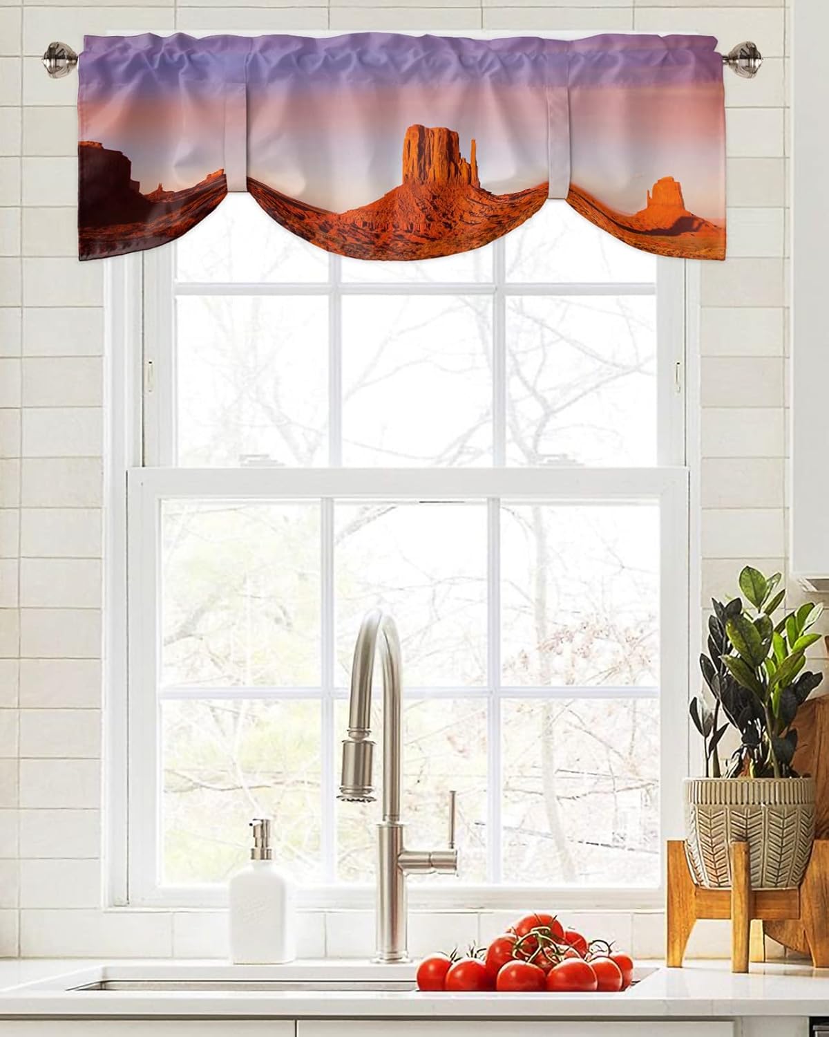 Valances for Windows, Desert Dreamy Sunset Sundown Sky Natural Sand Building Landscape Tie Up Valance Curtains Light Filtering Adjustable Window