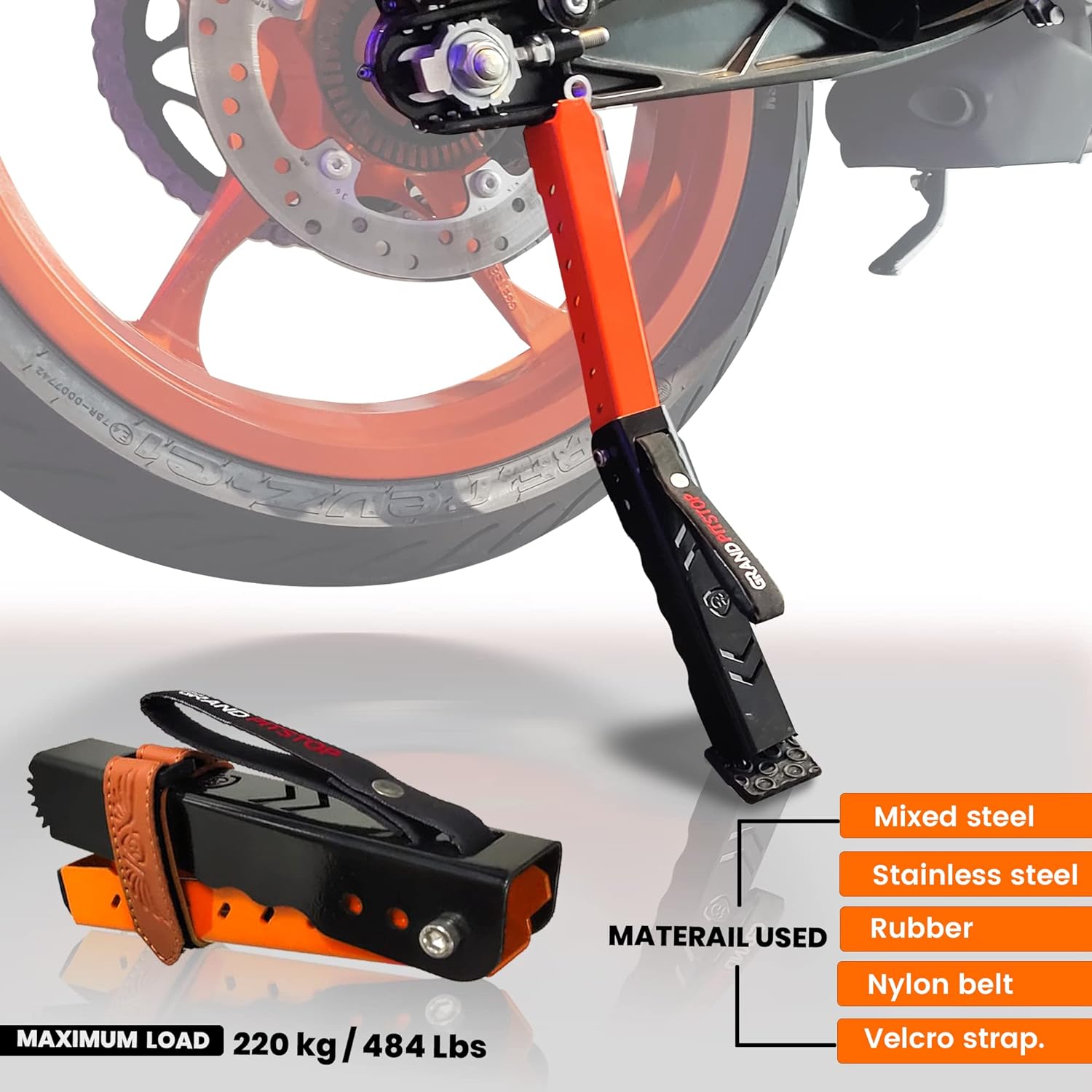 GRAND PITSTOP Soporte de mantenimiento de motocicleta, soporte de elevación portátil y compacto, altura ajustable para limpieza de cadenas y