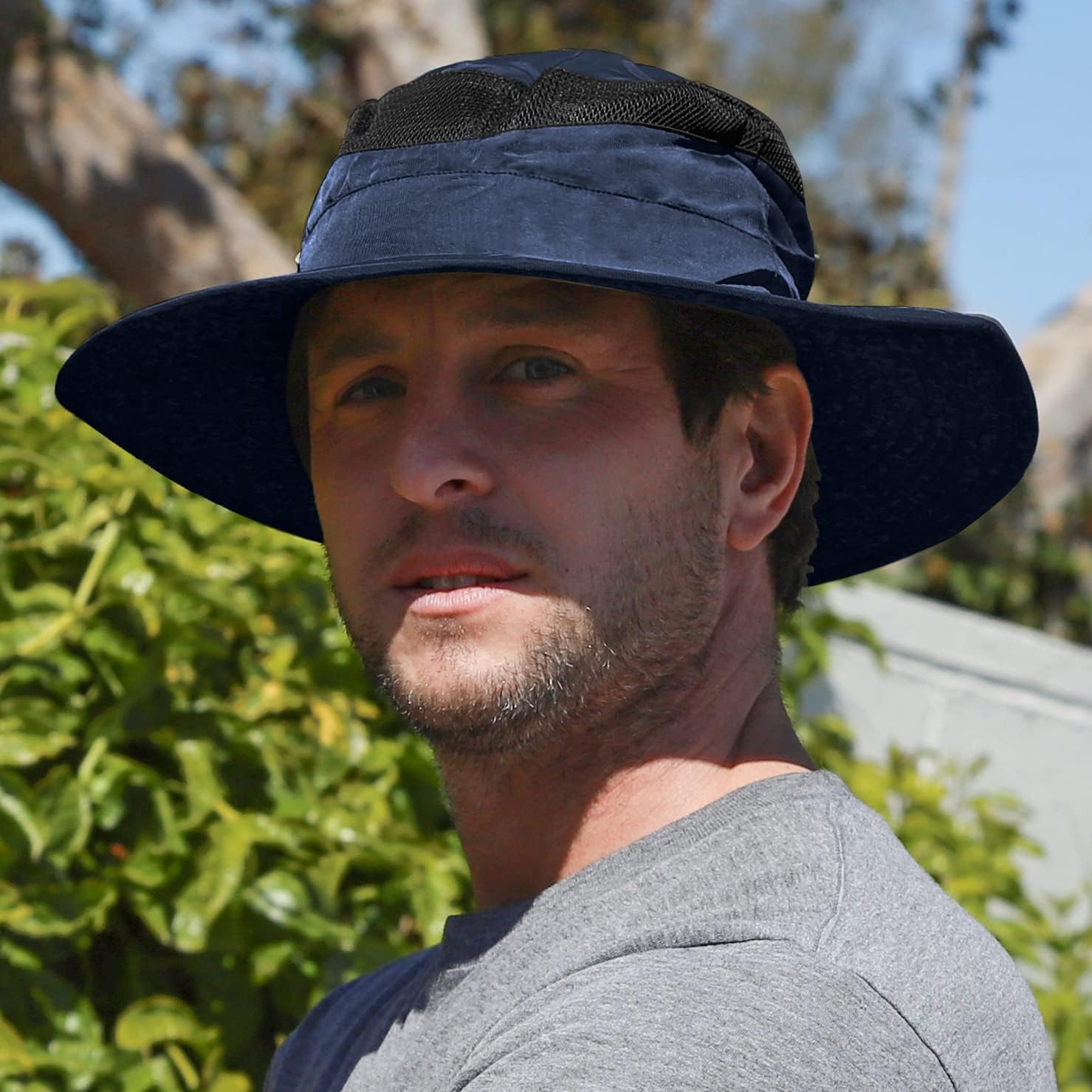 Tirrinia Sombreros para hombre, sombrero de ala ancha con malla transpirable, sombrero de pesca plegable con banda para el sudor, pesca, camping,