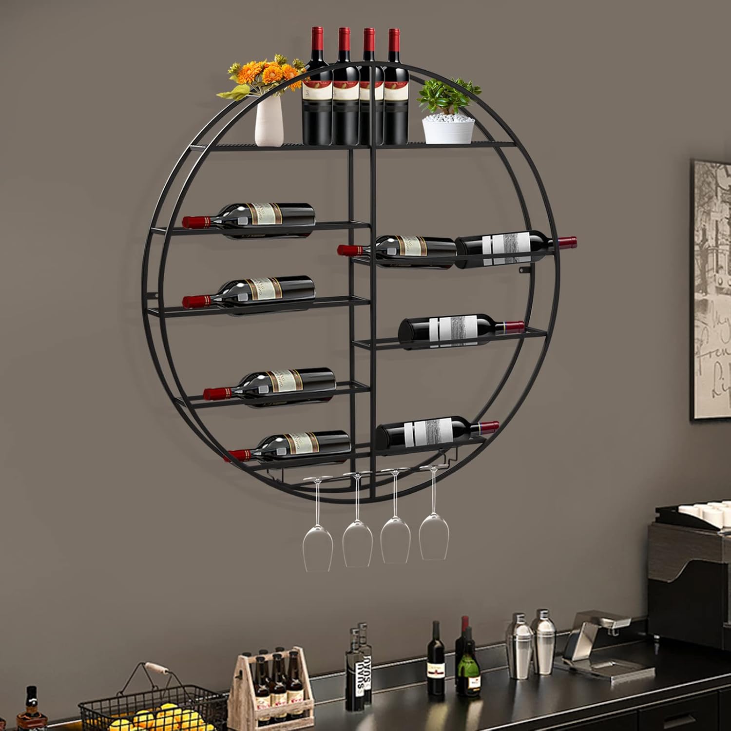 DNYSYSJ Estante para botellas de vino para 12 botellas, soporte redondo de hierro para botellas de vino, estante de licor de bar con soporte de