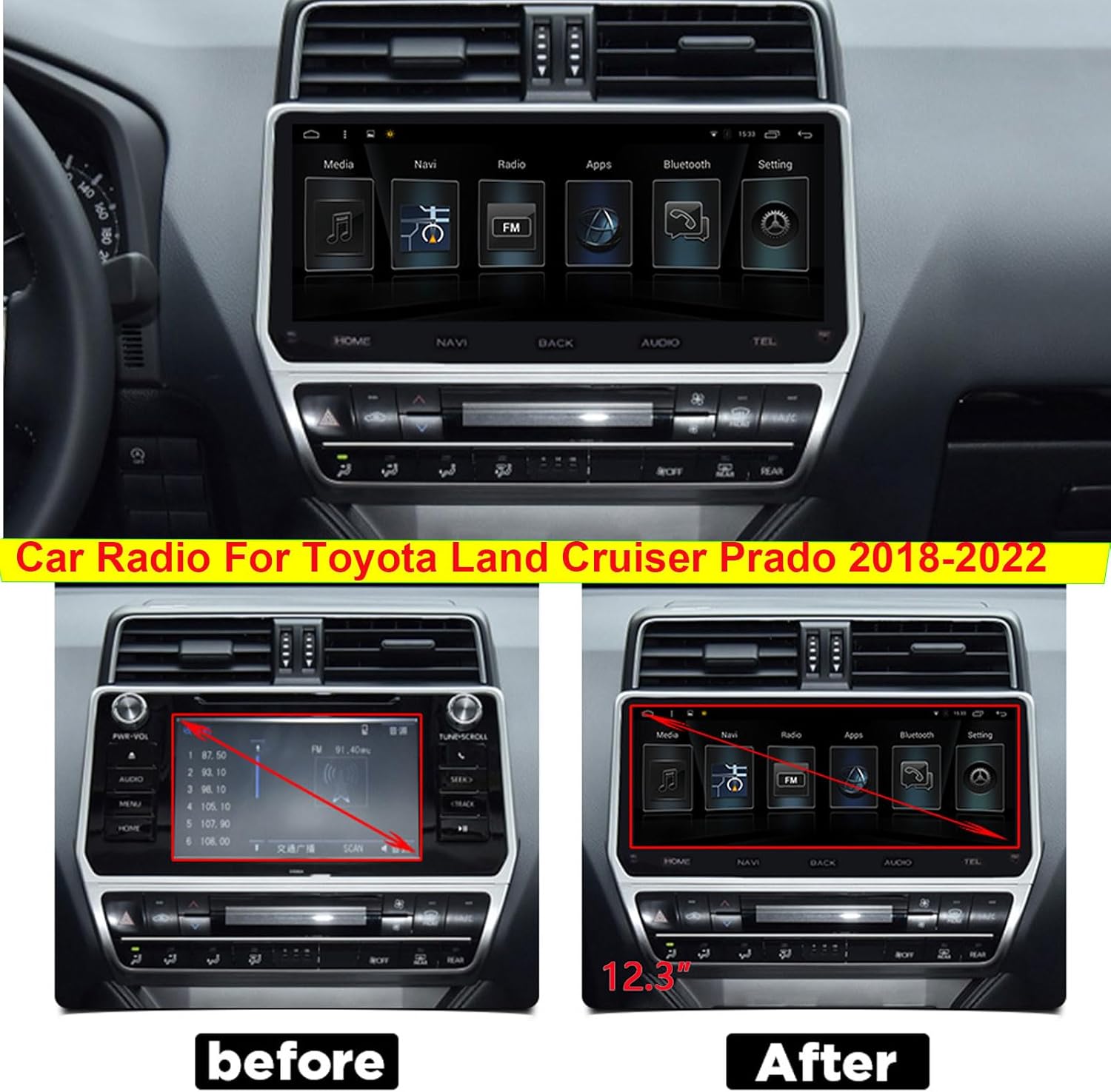 Radio de coche para Toyota Land Cruiser Prado 2018-2022 2G+32G 12.3 pulgadas Android 10 pantalla táctil estéreo de coche multimedia audio estéreo
