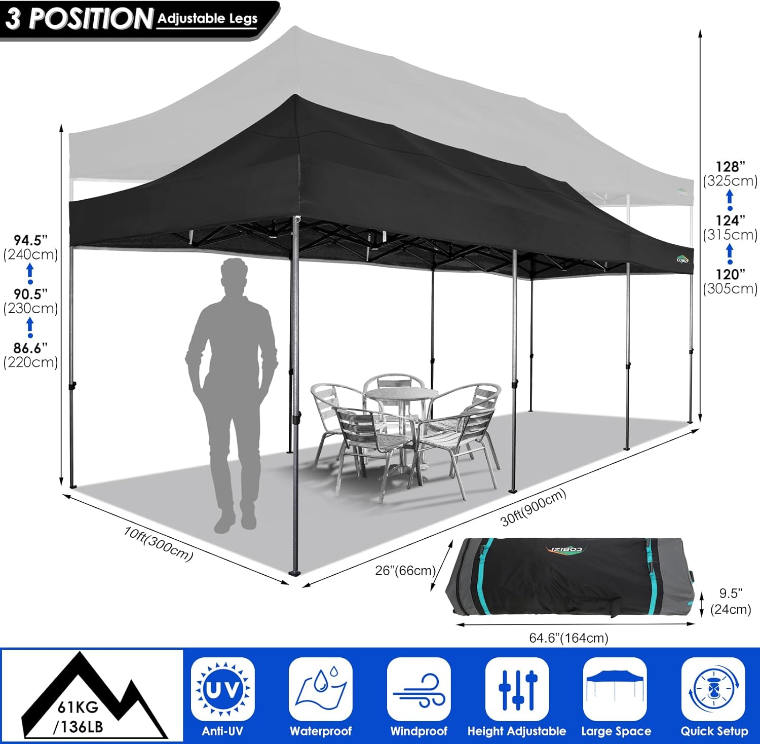 COBIZI Toldo desplegable resistente de 10 x 30 pies con 8 paredes laterales, tiendas de campaña para bodas al aire libre para fiestas, toldo