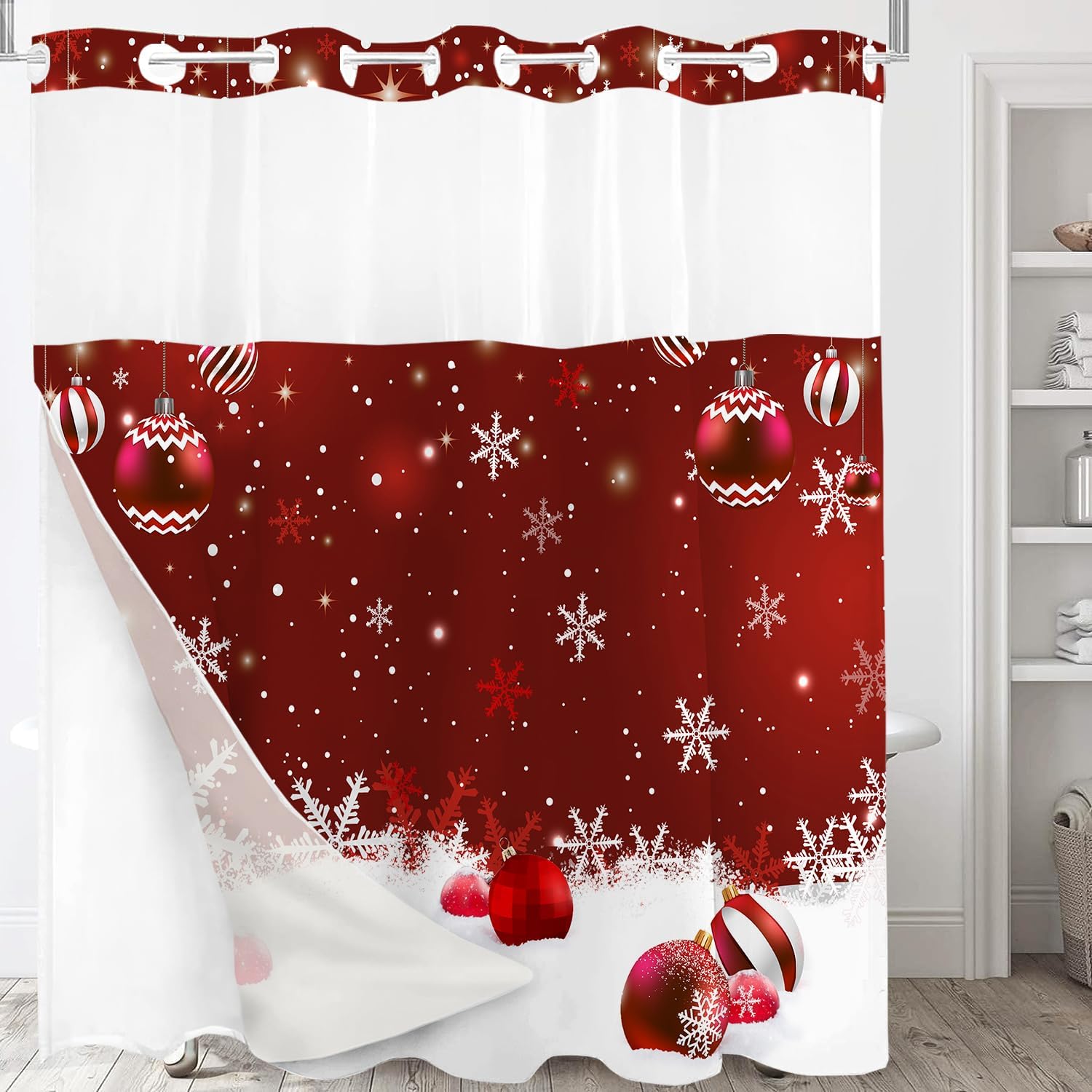 PAOPOED Cortina de ducha de Navidad sin gancho, copos de nieve de Navidad rojos, bolas de Navidad divertidas con purpurina brillante, cortinas de