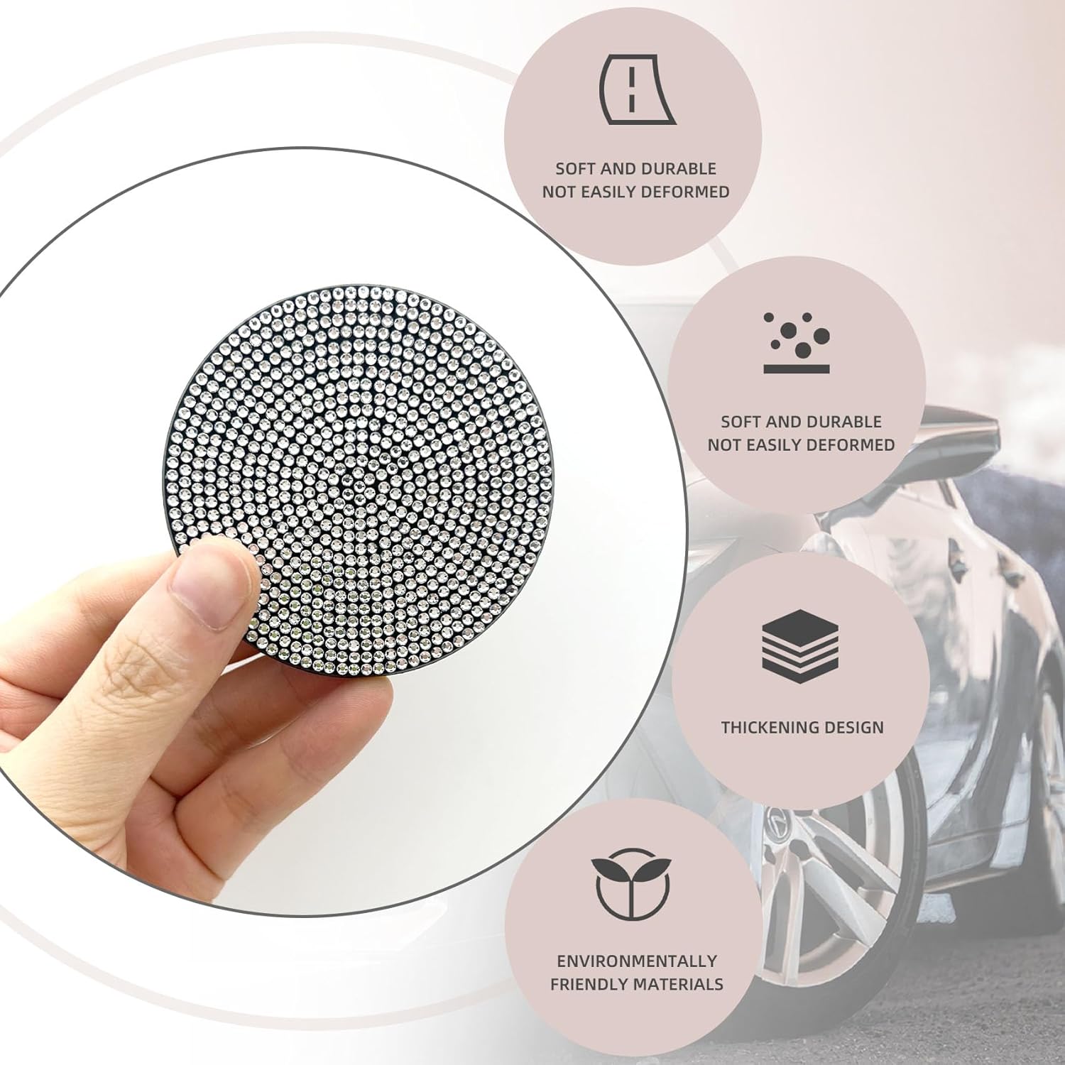 QUICTO 4 posavasos brillantes para la mayoría de los interiores de automóviles, portavasos con diamantes de imitación de cristal completo son