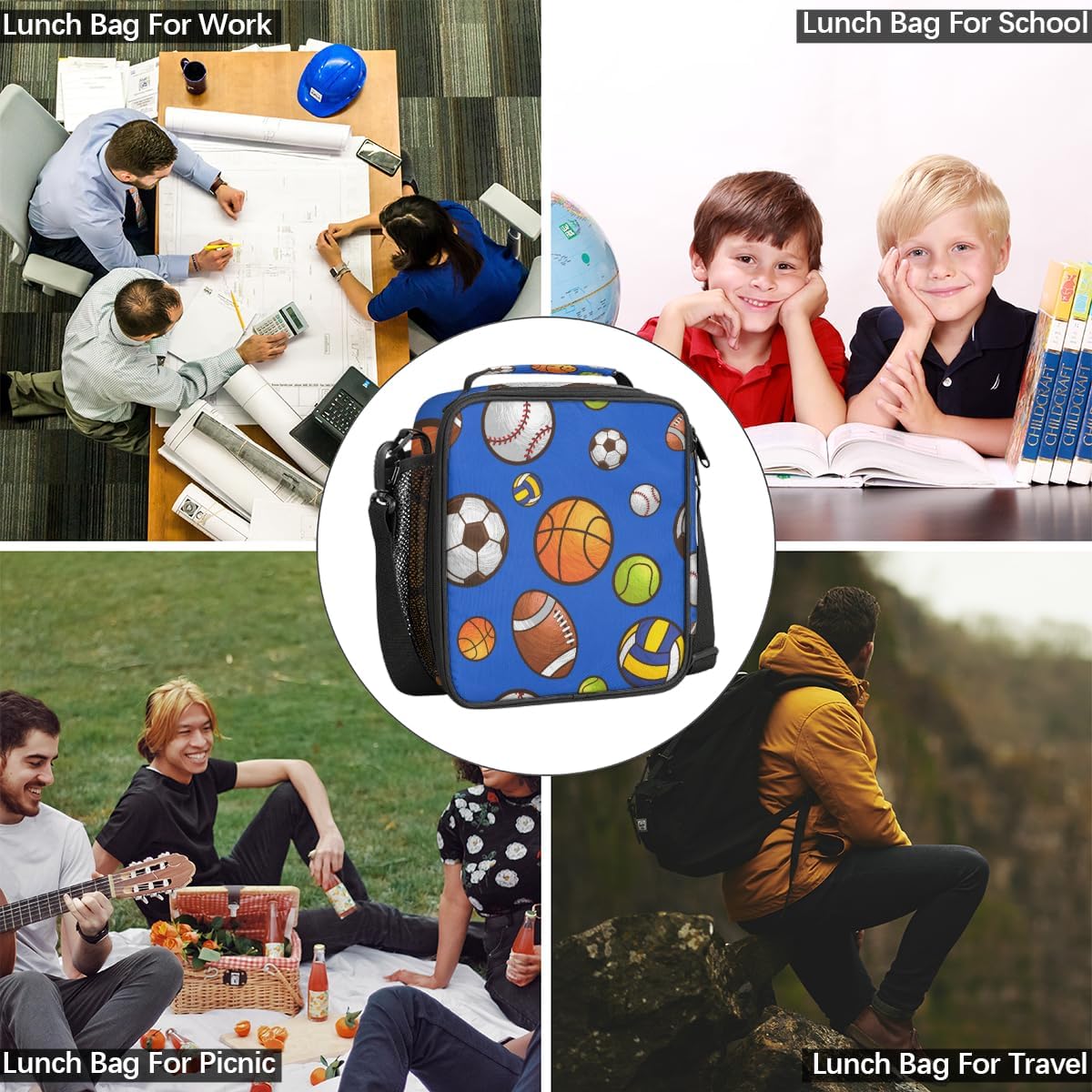 Lonchera de baloncesto y fútbol para niños, bolsa de almuerzo deportiva de béisbol para niñas y niños, lonchera congelable con correa ajustable para