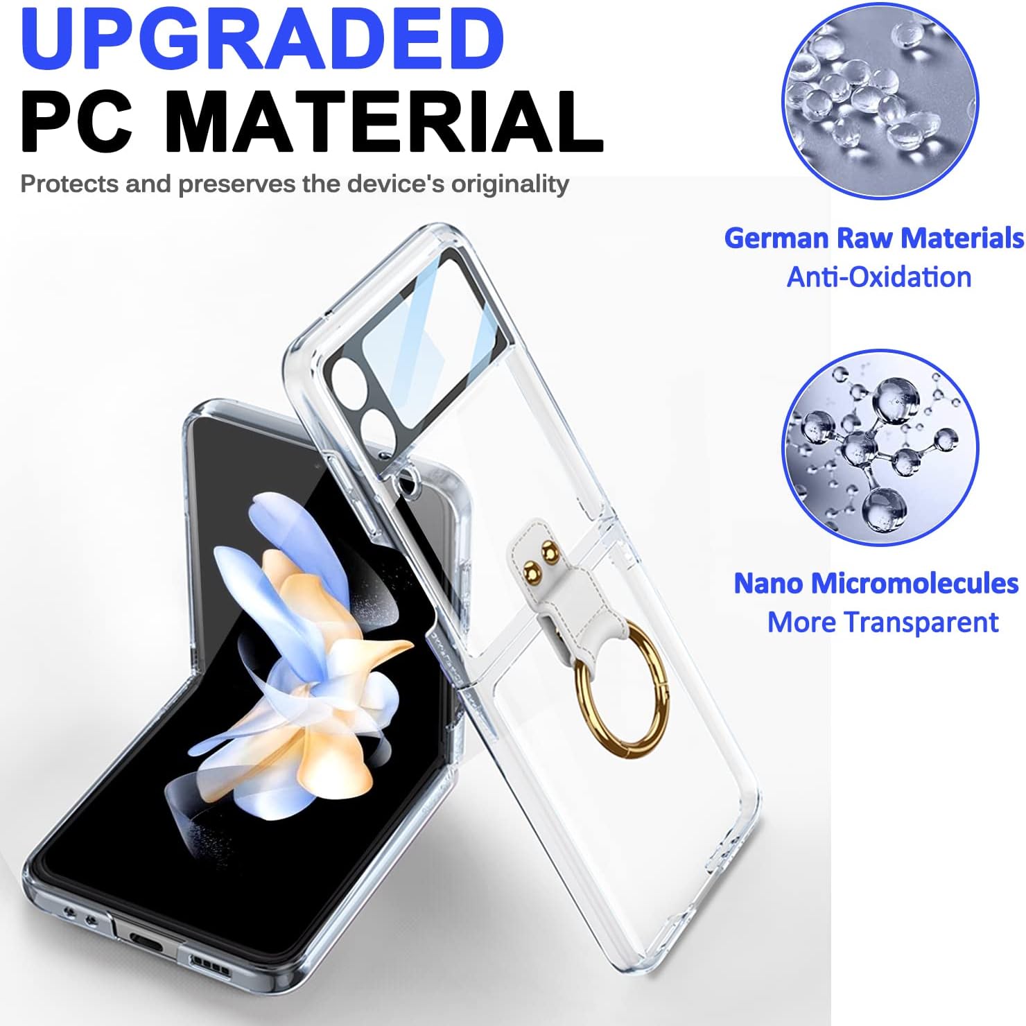 Miimall Funda para Samsung Galaxy Z Flip 4, funda Z Flip 4 con protector de pantalla + soporte de anillo, delgada, de lujo, transparente, de