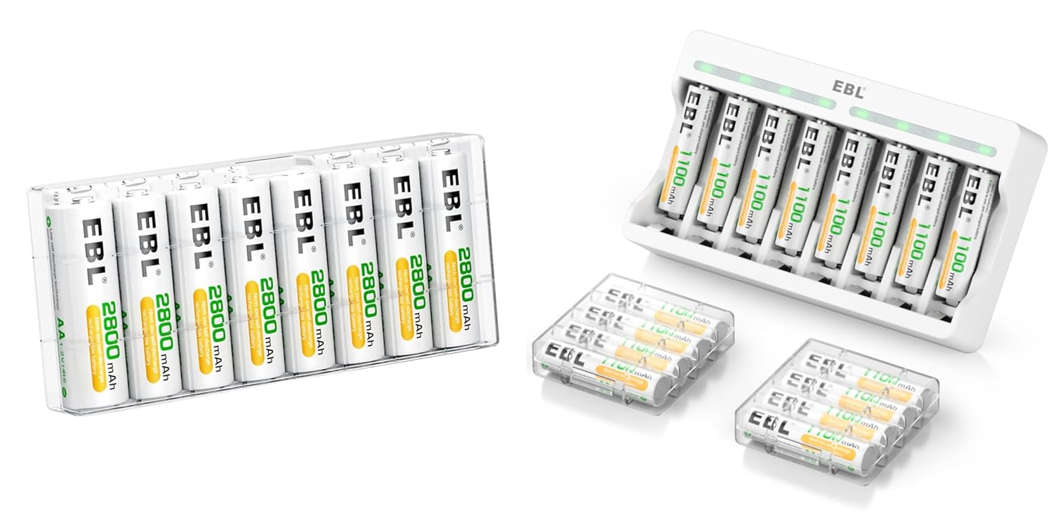 EBL Peine de baterías recargables AA AAA con kits de cargador, 8 pilas AA de 2800 mAh y 16 pilas recargables AAA de 1100 mAh con cargador de batería
