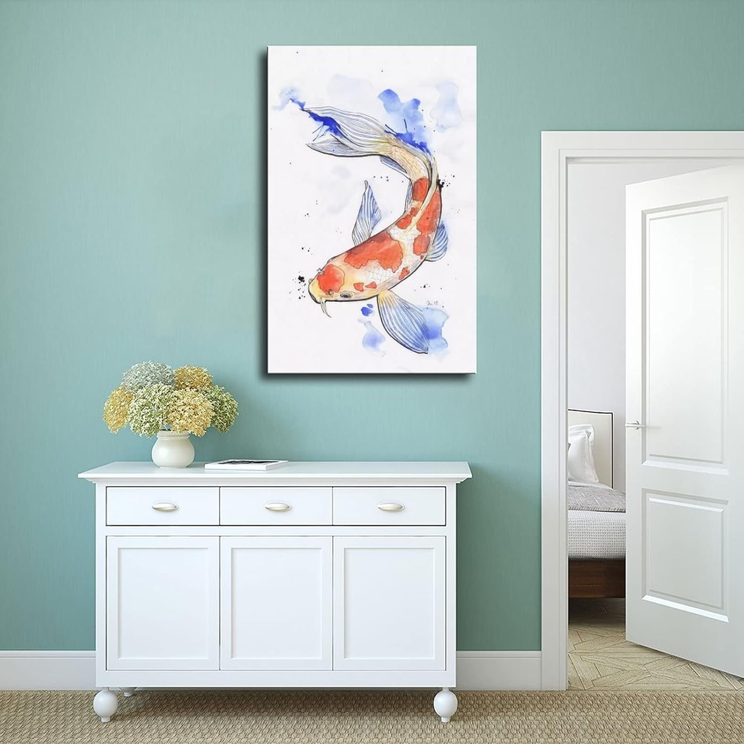 Póster de acuarela de pez Koi, 1 póster vintage de lienzo para pared, arte de pared, pintura impresa para sala de estar, dormitorio, sin marco, 24 x