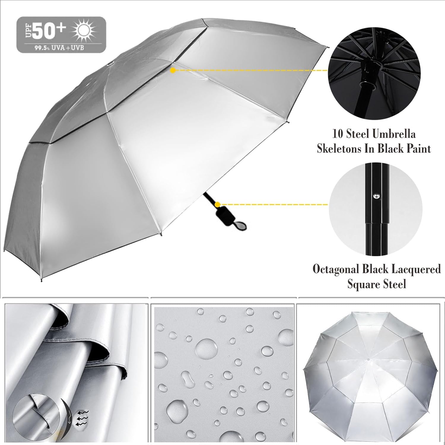 HOBVO Paraguas de golf UPF 50+ con abrazadera universal ajustable, paraguas portátil para lluvia, apertura y cierre manual, para silla de playa,