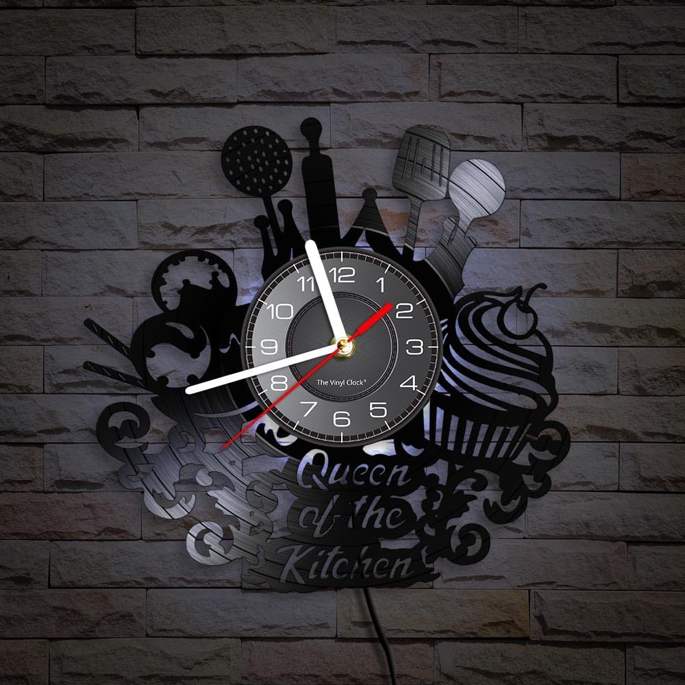 Reloj de pared de disco de vinilo de cocina de 12 pulgadas con 7 modos luminosos, moderno, decorativo, silencioso, de cuarzo, sin tictac, negro,