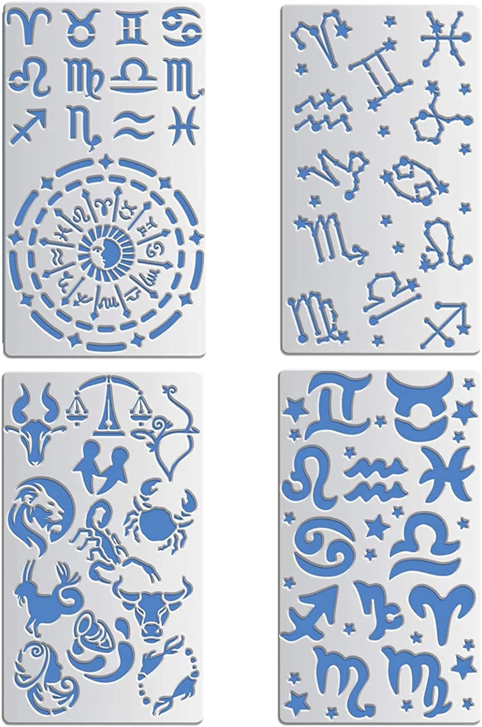 BENECREAT 4 plantillas de metal de constelaciones mixtas de 4 x 7 pulgadas, símbolos de glifos del zodiaco, plantillas de brújula vikinga para