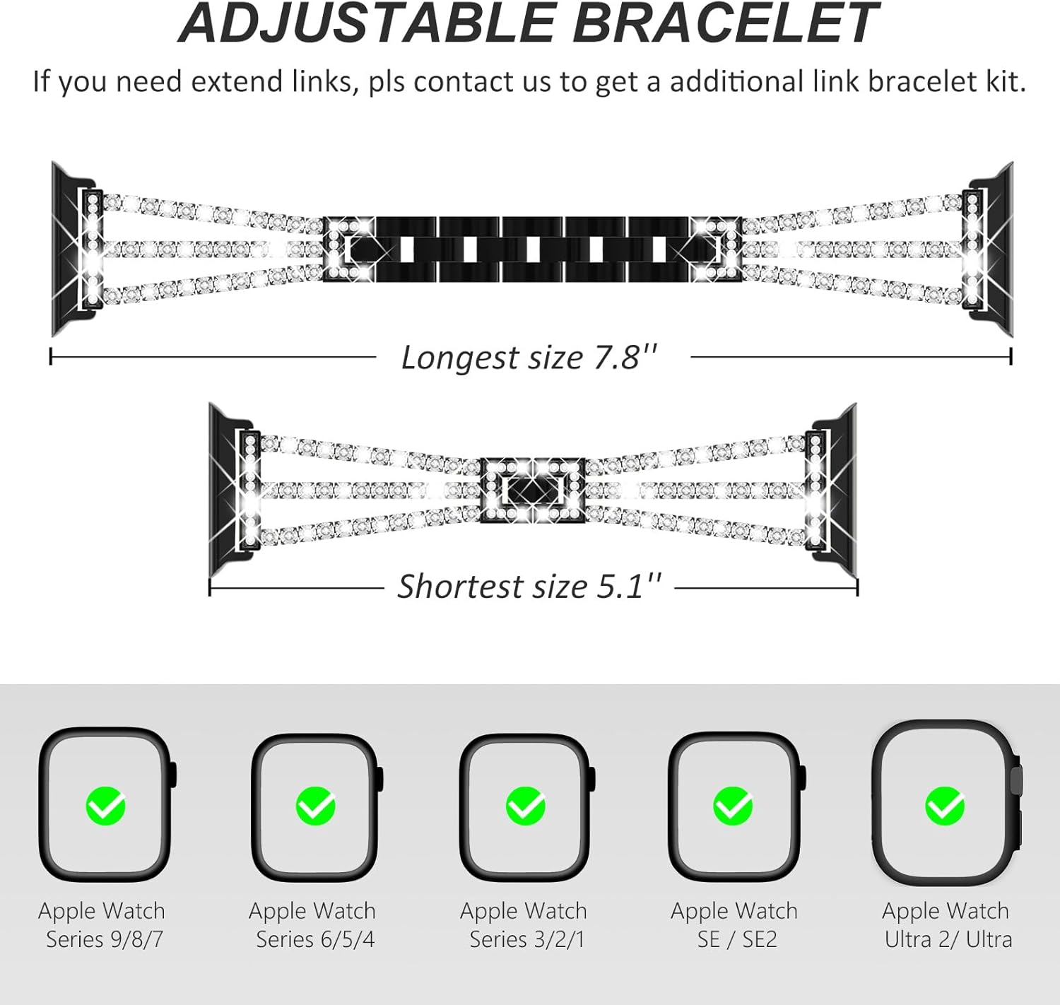 FULLIFE Compatible con Apple Watch Band Series 9, 8, 7, SE2, 6, 5, 4, 3, 2, 1 con diamantes de cristal, correa de acero para mujer (1.614, 1.575,