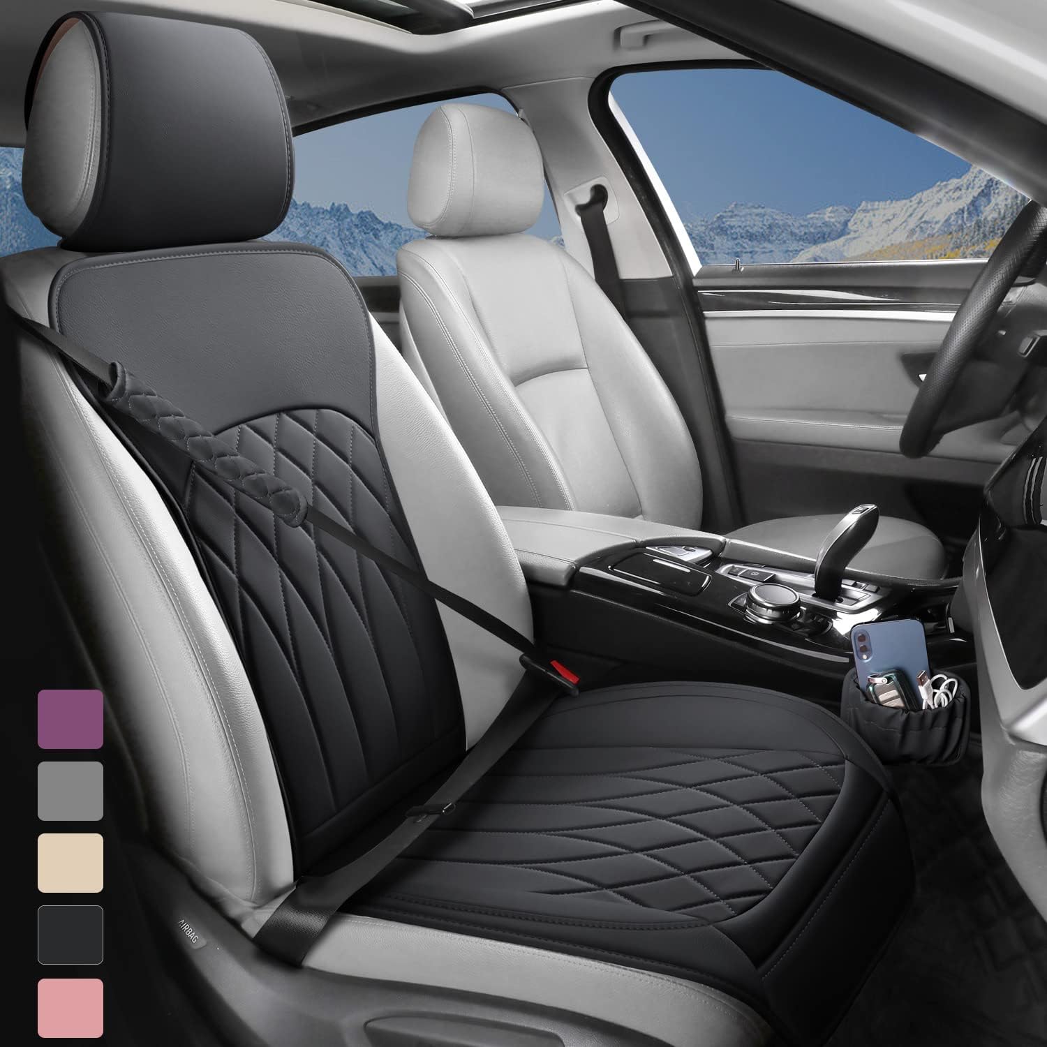Paquete de 1 funda de cuero para asiento delantero de automóvil, protector universal para asiento de automóvil sin laterales con bolsillo de