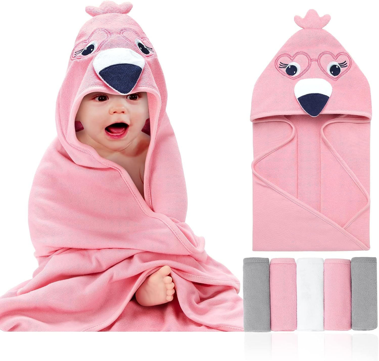 SYNPOS Toallas de baño para bebé con capucha, toalla de bebé con capucha con 5 paños – Toalla de baño para bebé ultra absorbente y sin bolitas para