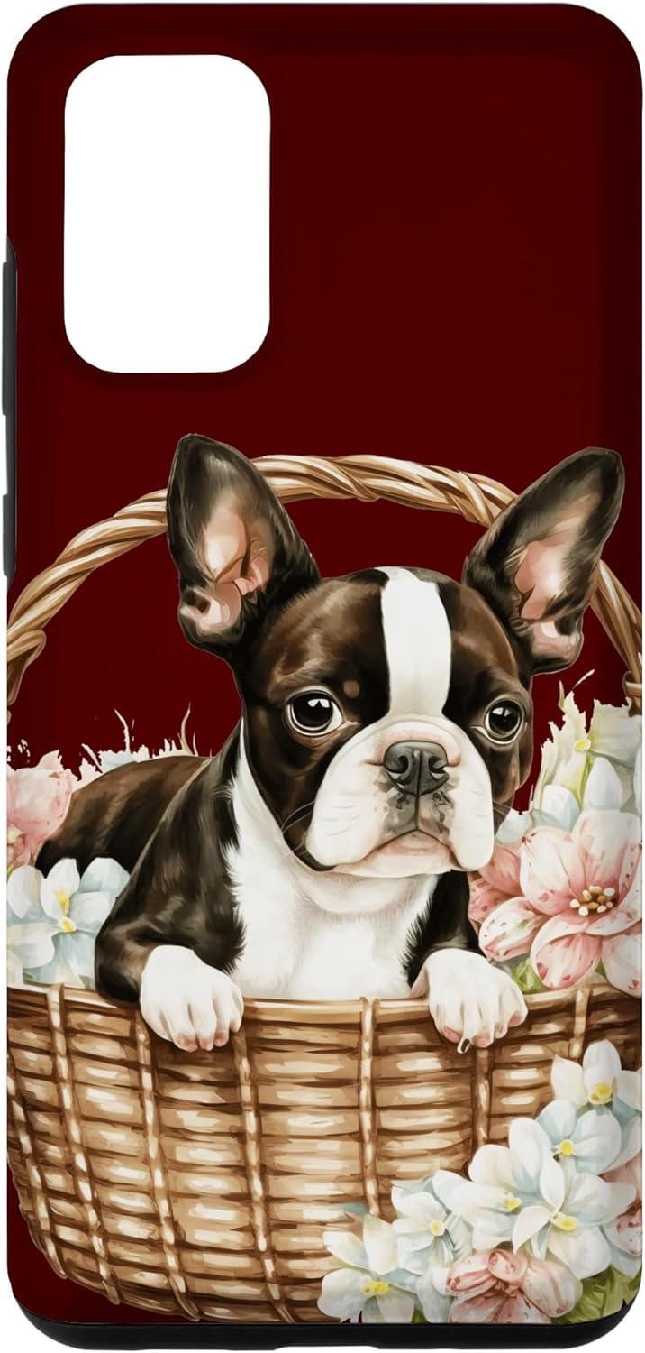 Funda para Galaxy S20+ Boston Terrier Puppy in Floral Wicker Basket