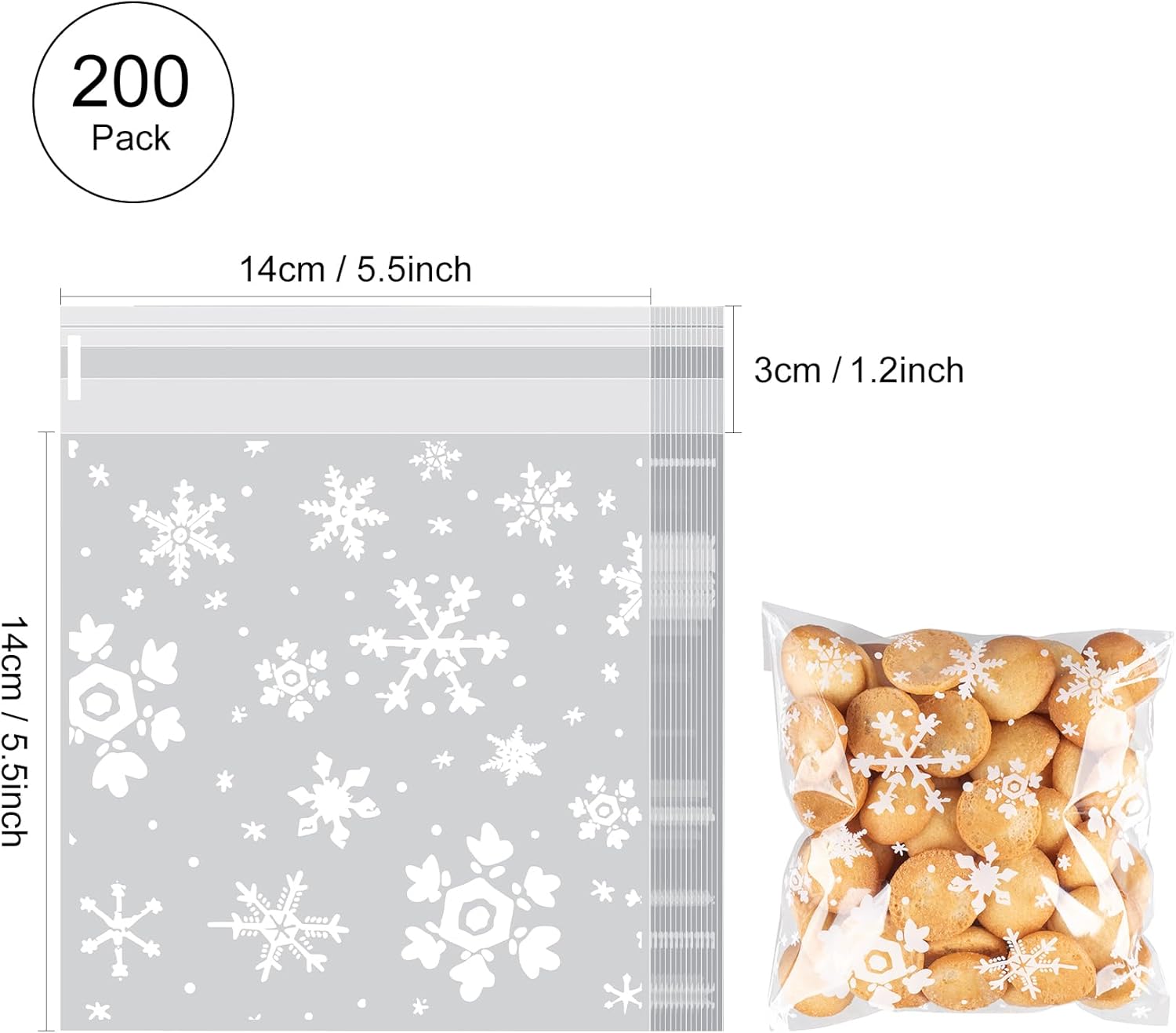 200 bolsas de golosinas de Navidad, bolsas de 5.5 x 5.5 pulgadas, bolsas de galletas de copo de nieve autosellantes, bolsas transparentes de