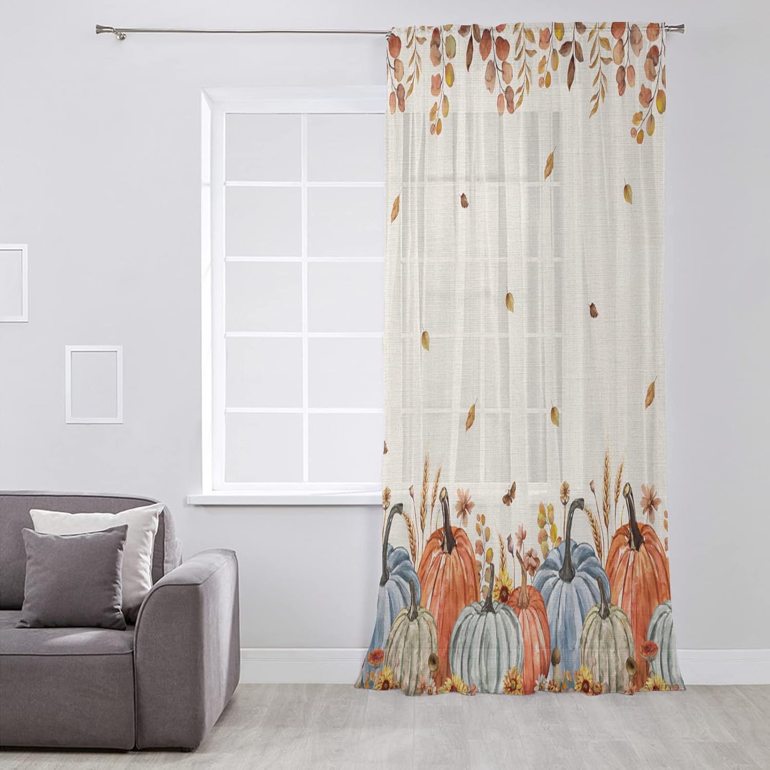 Cortinas de gasa de otoño con diseño de calabazas azules y naranjas de 54 pulgadas de largo, elegantes paneles de ventana de hoja de arce de Acción