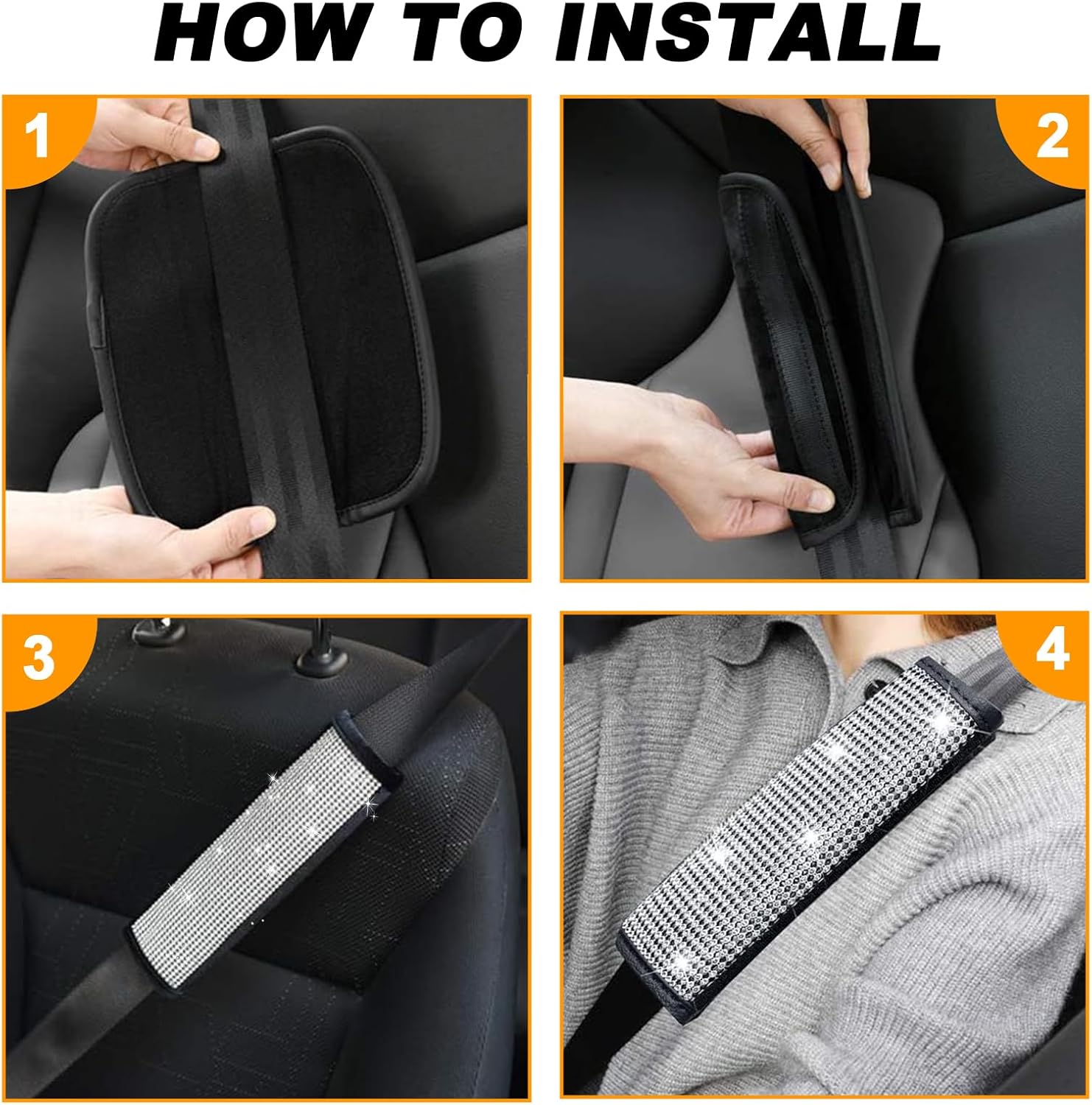 Juego de 4 almohadillas de terciopelo para cinturón de seguridad de automóvil con diamantes de imitación brillantes, funda de freno de mano de