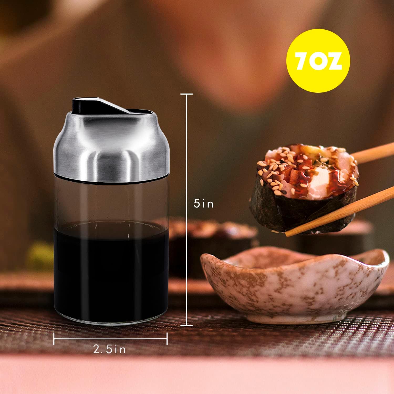 Aelga Dispensador de salsa de soja, dispensador de aceite y vinagre con boquilla antigoteo de 7 onzas con tapa abatible automática, aceite de vidrio