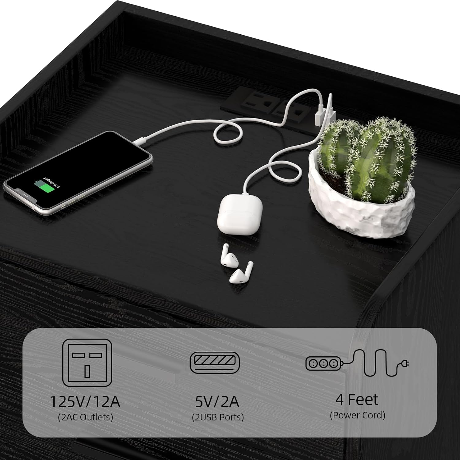Mesas de noche, mesita de noche LED con estación de carga, mesa auxiliar pequeña de madera con cajón para dormitorio, sala de estar, color negro