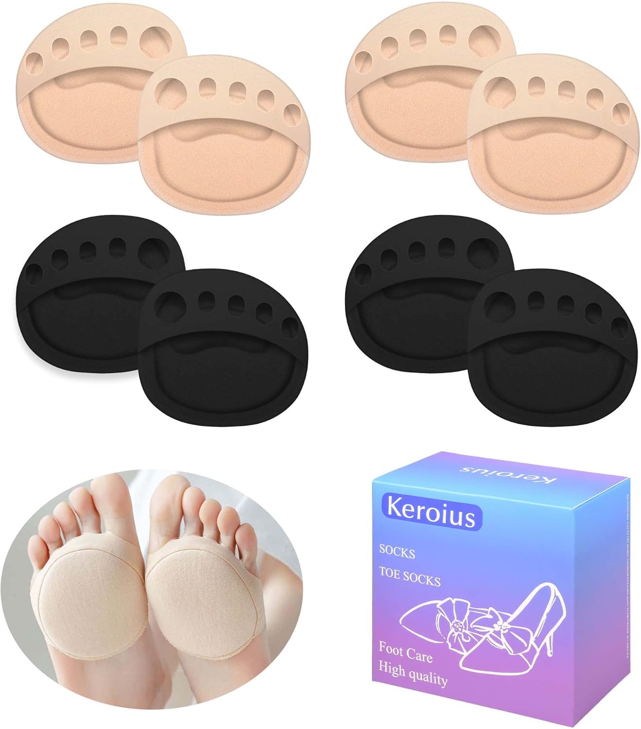 Keroius Almohadillas de cojín de bola de pie, 4 pares de almohadillas de tela de panal para el antepié para almohadillas metatarsianas, medias