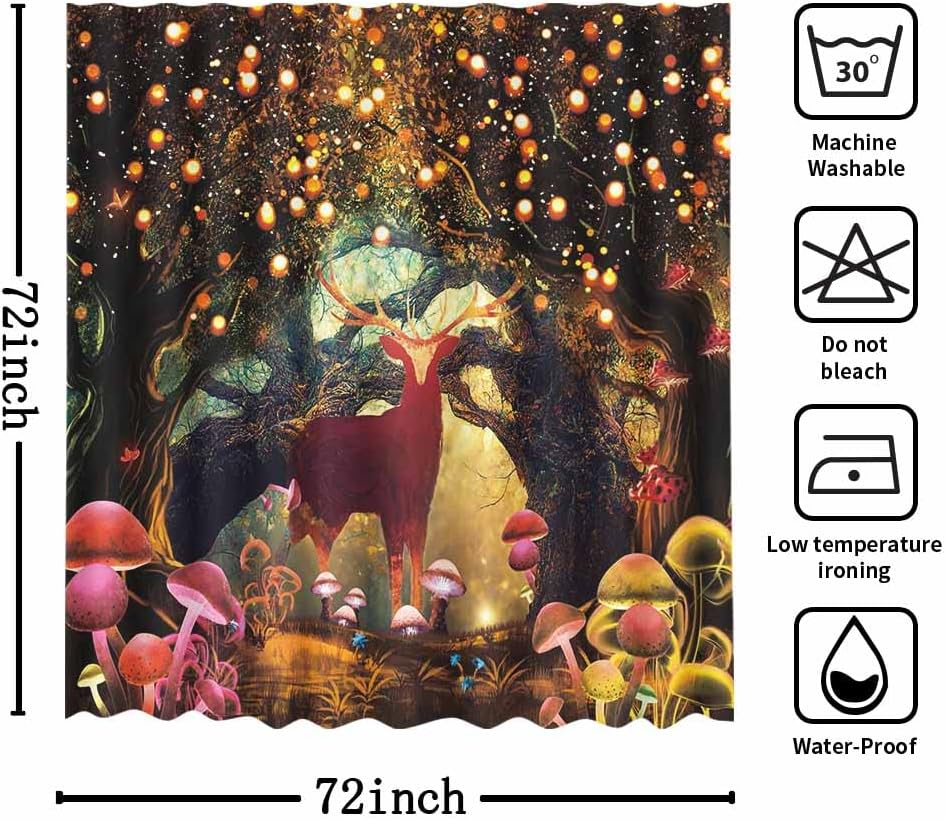 MEHOFOND Cortina de ducha de cuento de hadas del bosque, 72 x 72 pulgadas, cortina de ducha impermeable con 12 ganchos y hongos del bosque, plantas