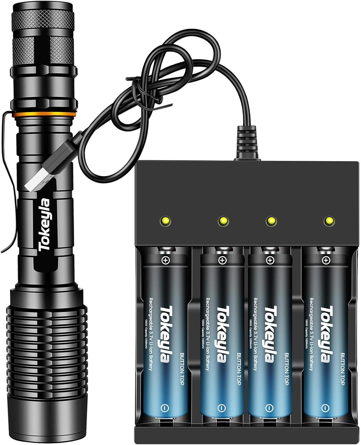 Linterna táctica LED brillante con 5 modos y función de memoria, cargador de batería de litio 18650, linternas recargables para campamento,