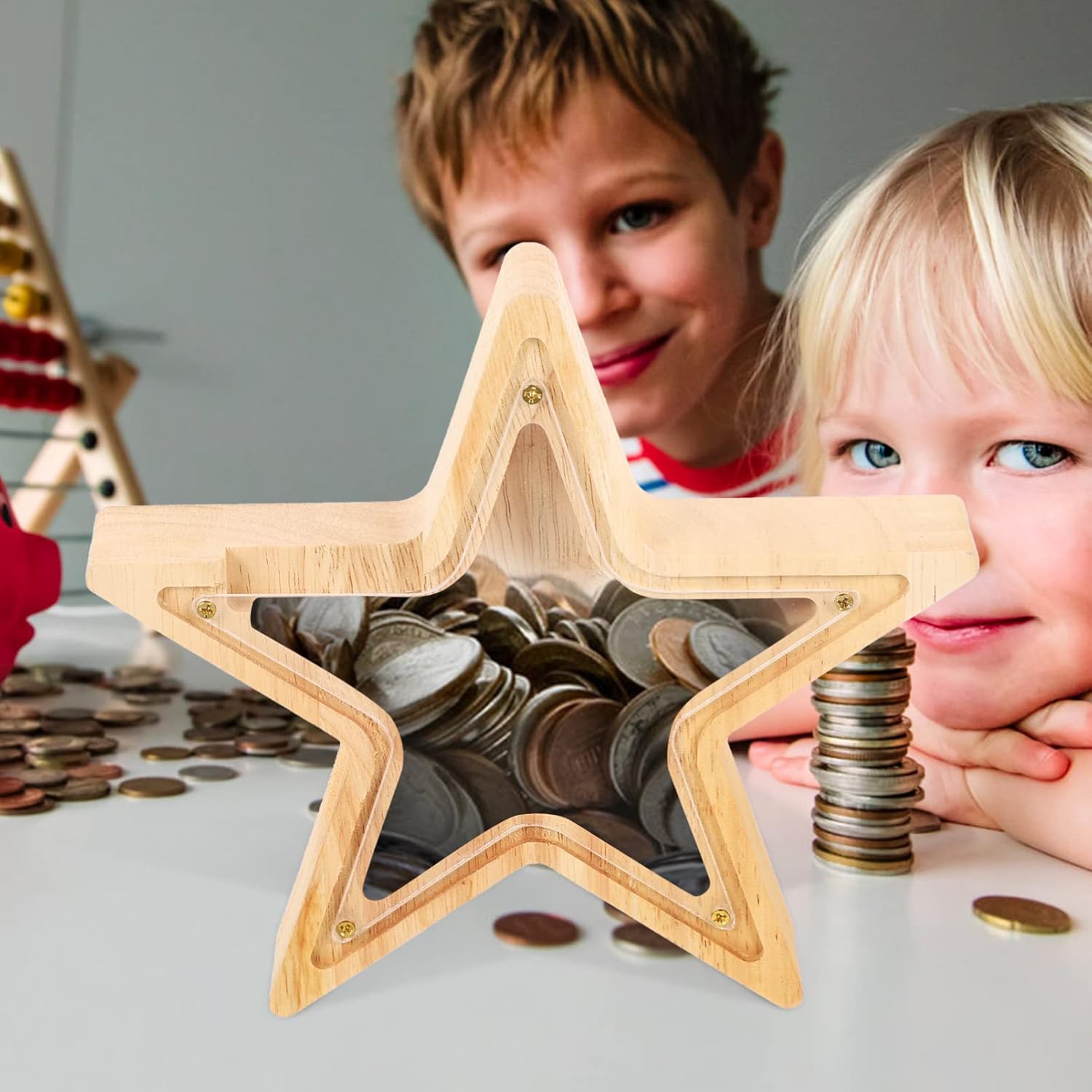 Zerodeko Hucha de madera para el hogar, alcancía para adolescentes, con forma de estrella, alcancía transparente para niños y niñas, bebé, primera
