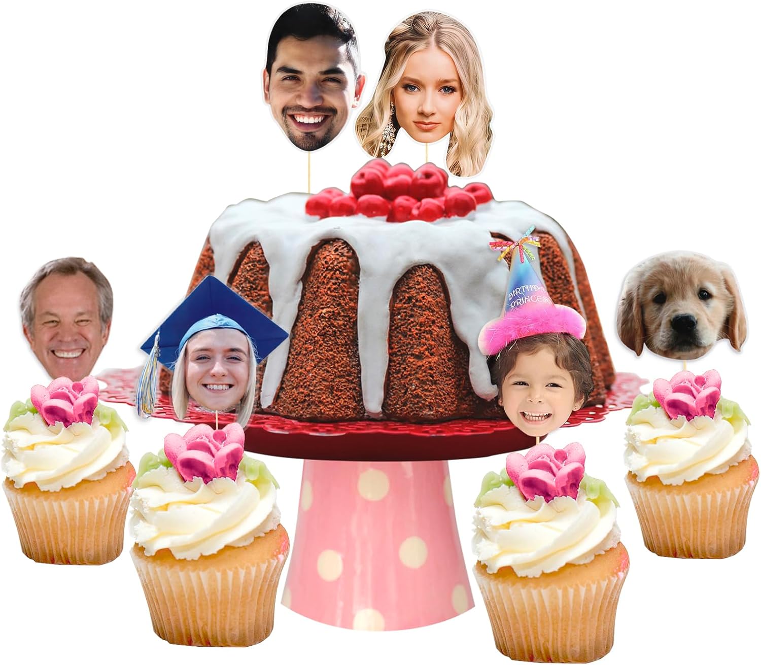 OXYEFEI Adornos personalizados para cupcakes, paquete de 24 unidades, decoración divertida para cupcakes, recortes de cabeza en un palo, para
