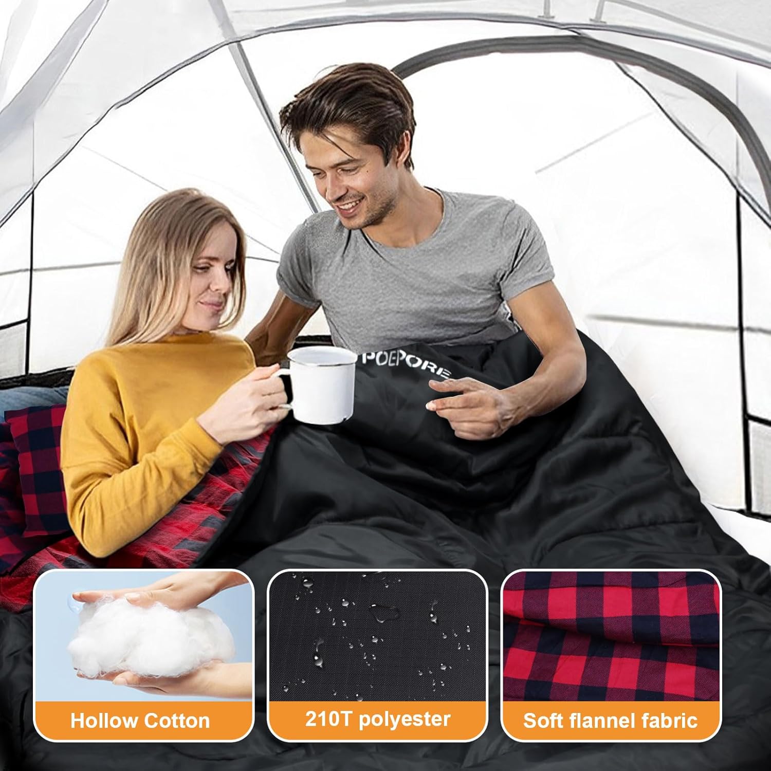 Saco de dormir doble de franela para adultos con 2 almohadas, sacos de dormir para 2 personas, camping, XXL, tamaño Queen, saco de dormir para dos