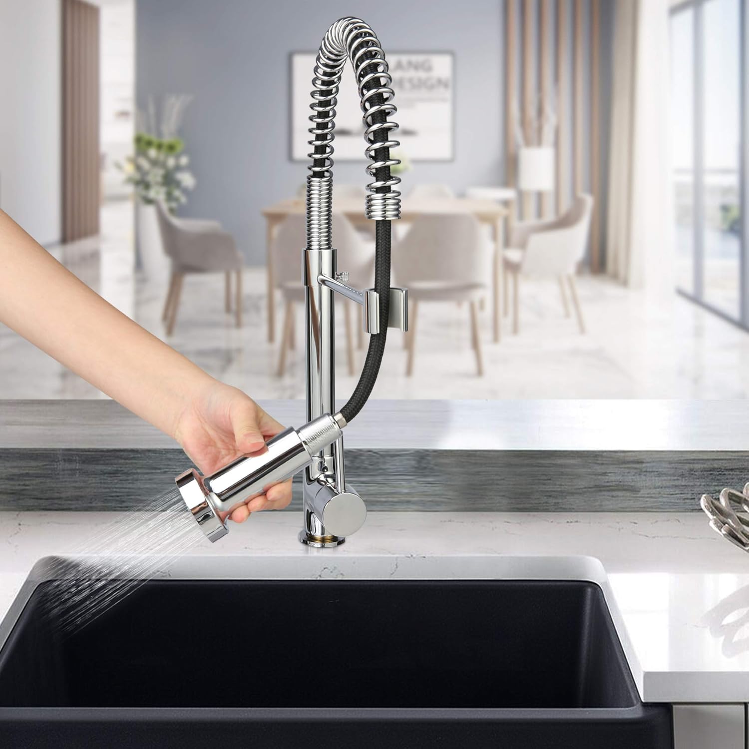 LUCKYERMORE Grifo de cocina comercial con rociador extraíble, acero inoxidable de arco alto, grifo de fregadero de resorte de un solo orificio