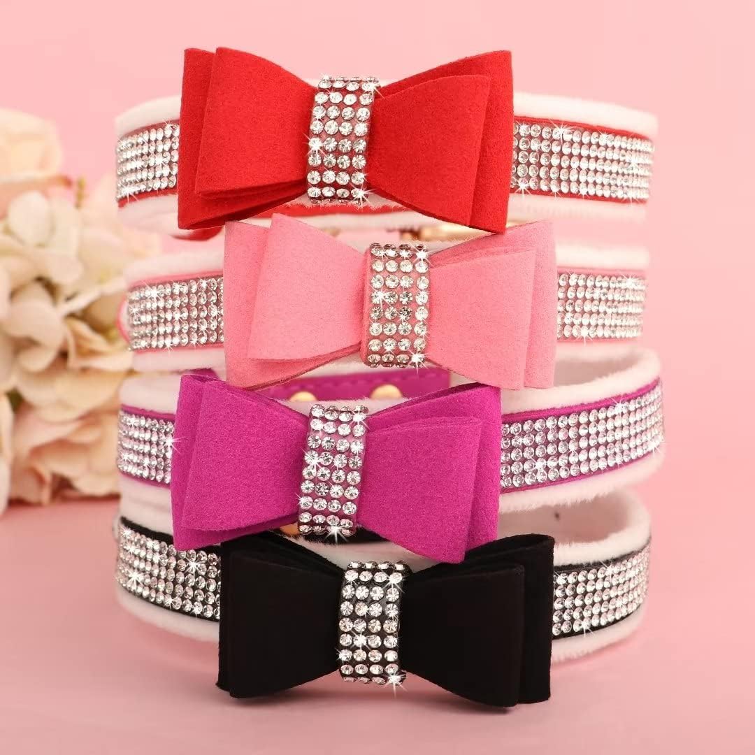 Beirui Collar de terciopelo cálido acolchado con diamantes de imitación  Collar de perro con diamantes de cristal completo con corbatín  Collares de