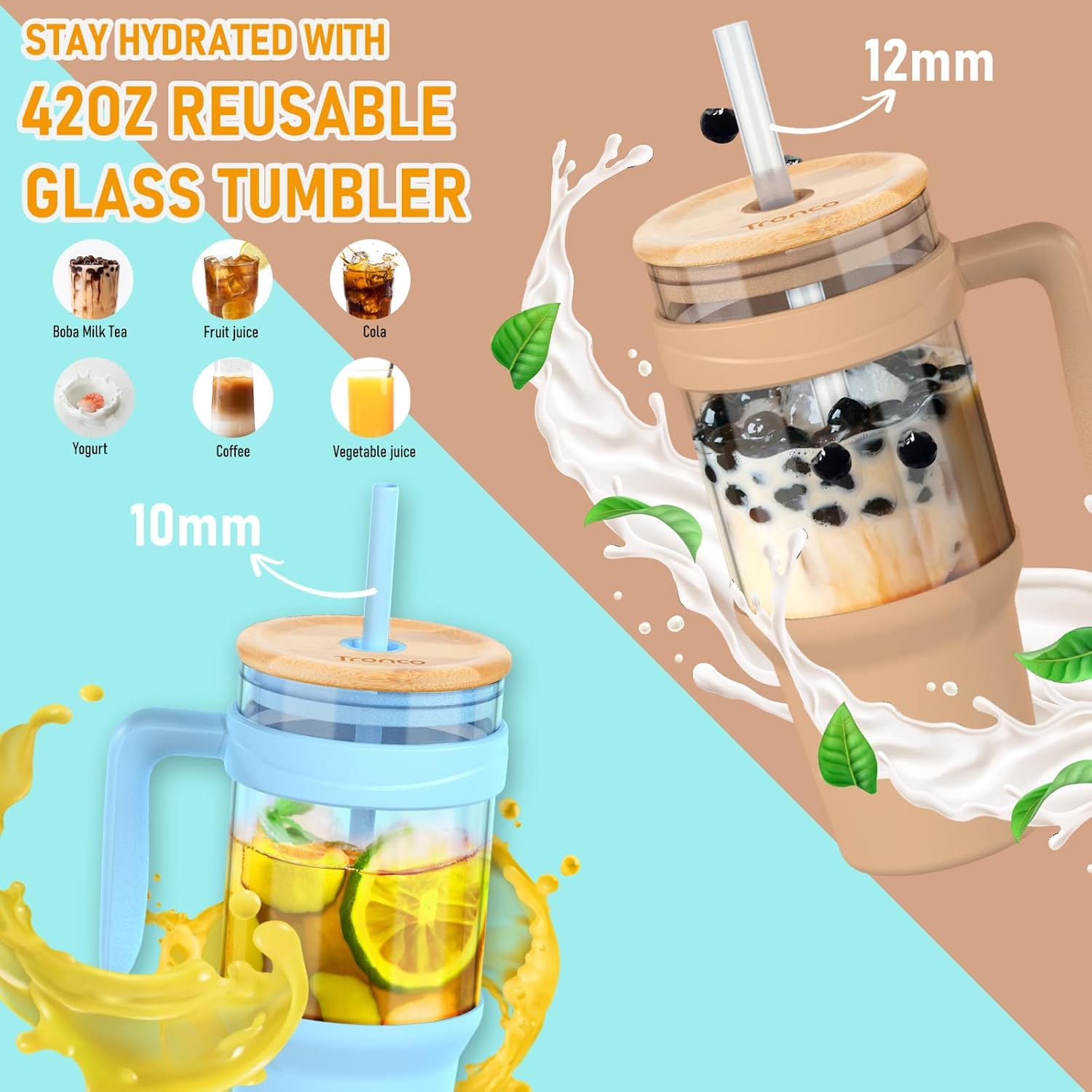 tronco Vaso de vidrio de 40 onzas con popote y tapa, vaso de vidrio reutilizable con asa, taza de café helado con tapa de bambú, botellas de agua de