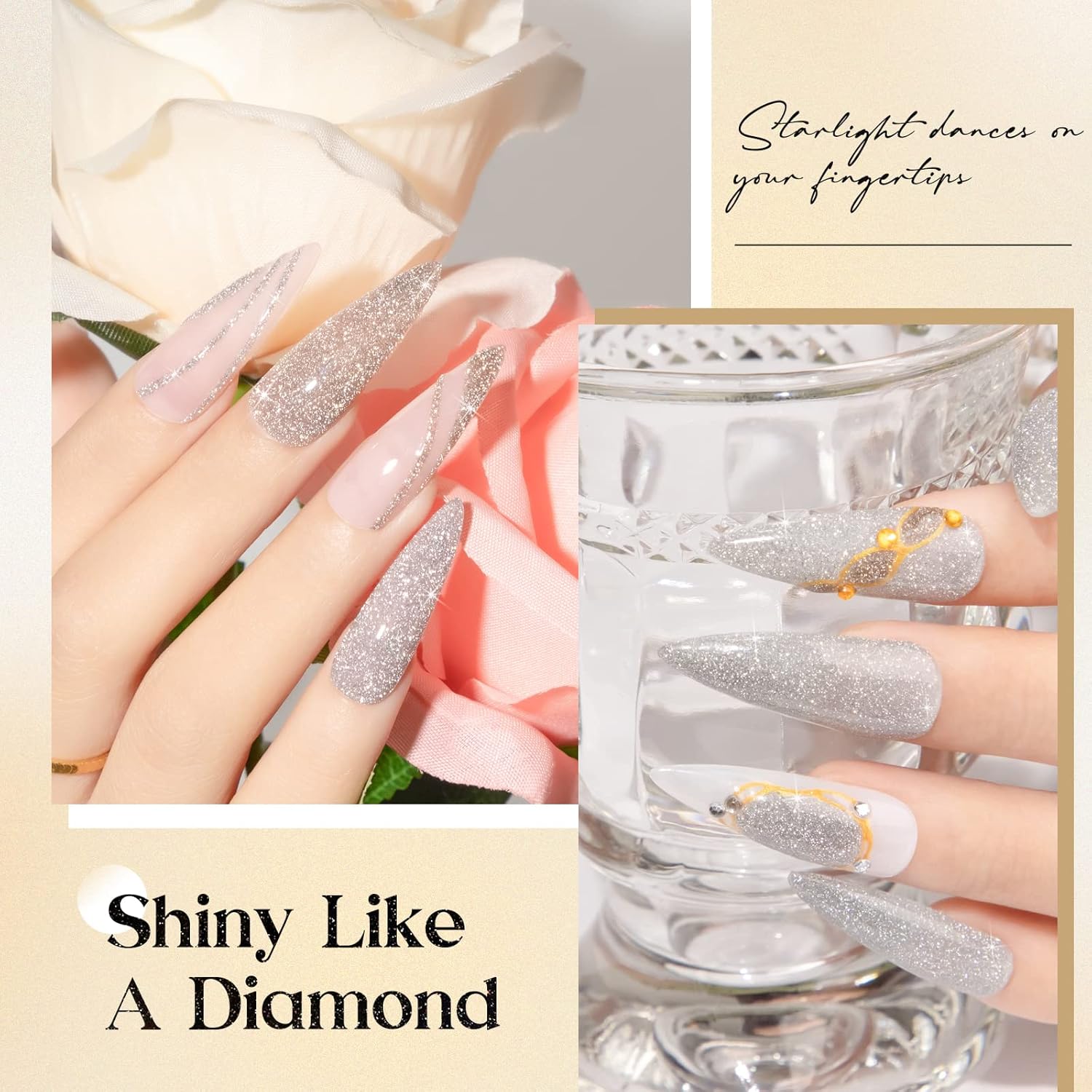MIZHSE Esmalte de uñas de gel reflectante, esmalte de gel plateado y dorado con purpurina, 2 colores, juego de manicura de gel de uñas de diamante