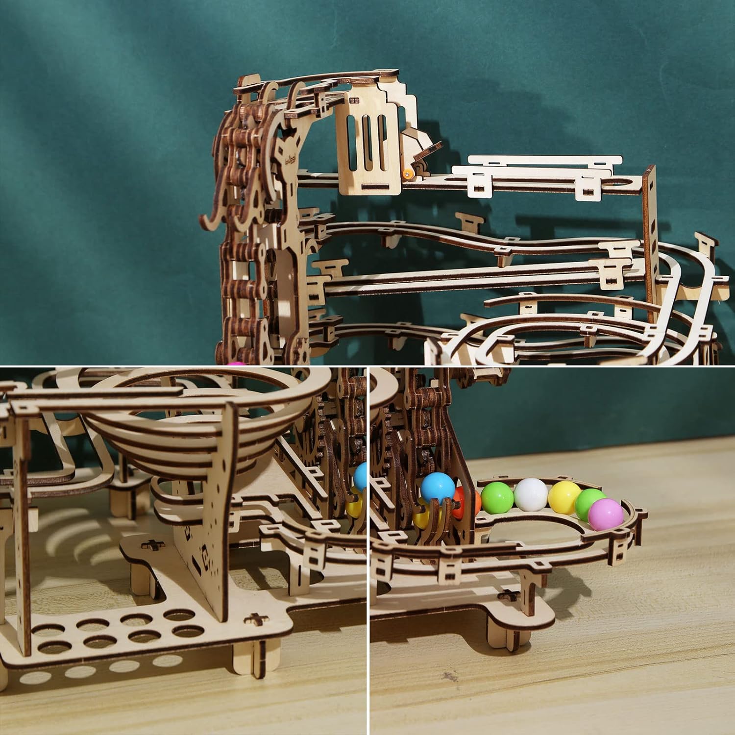Kit de carrera de mármol de madera, rompecabezas 3D, bolas de colores de madera, polipasto escalonado con mecanismo de elevación de 3 escalones,