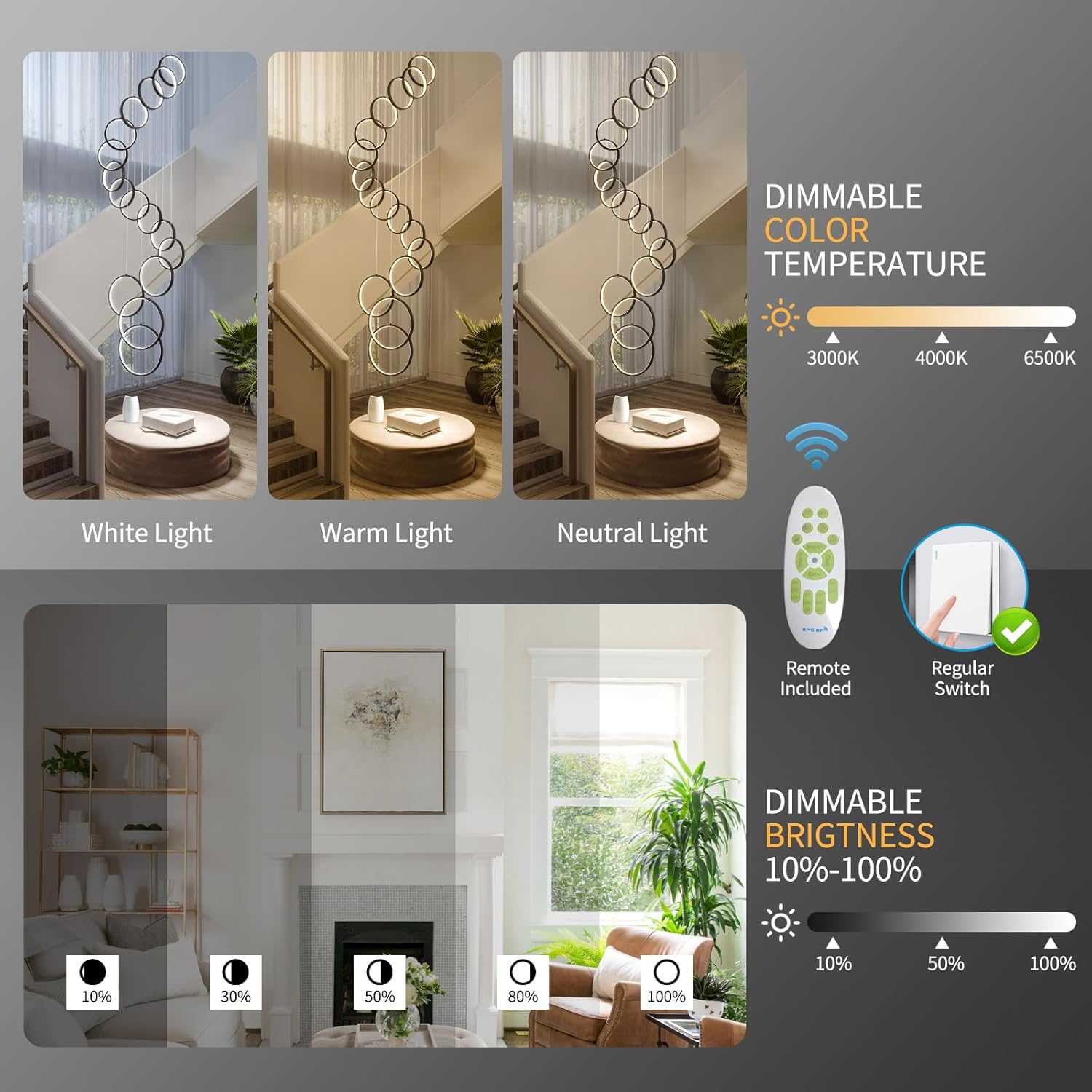 Modern Chandelier,Dimmable Black Chandelier with Remote Control 16 Rings Pendant Light Adjustable Height Hanging High Ceiling Light Fixture,for