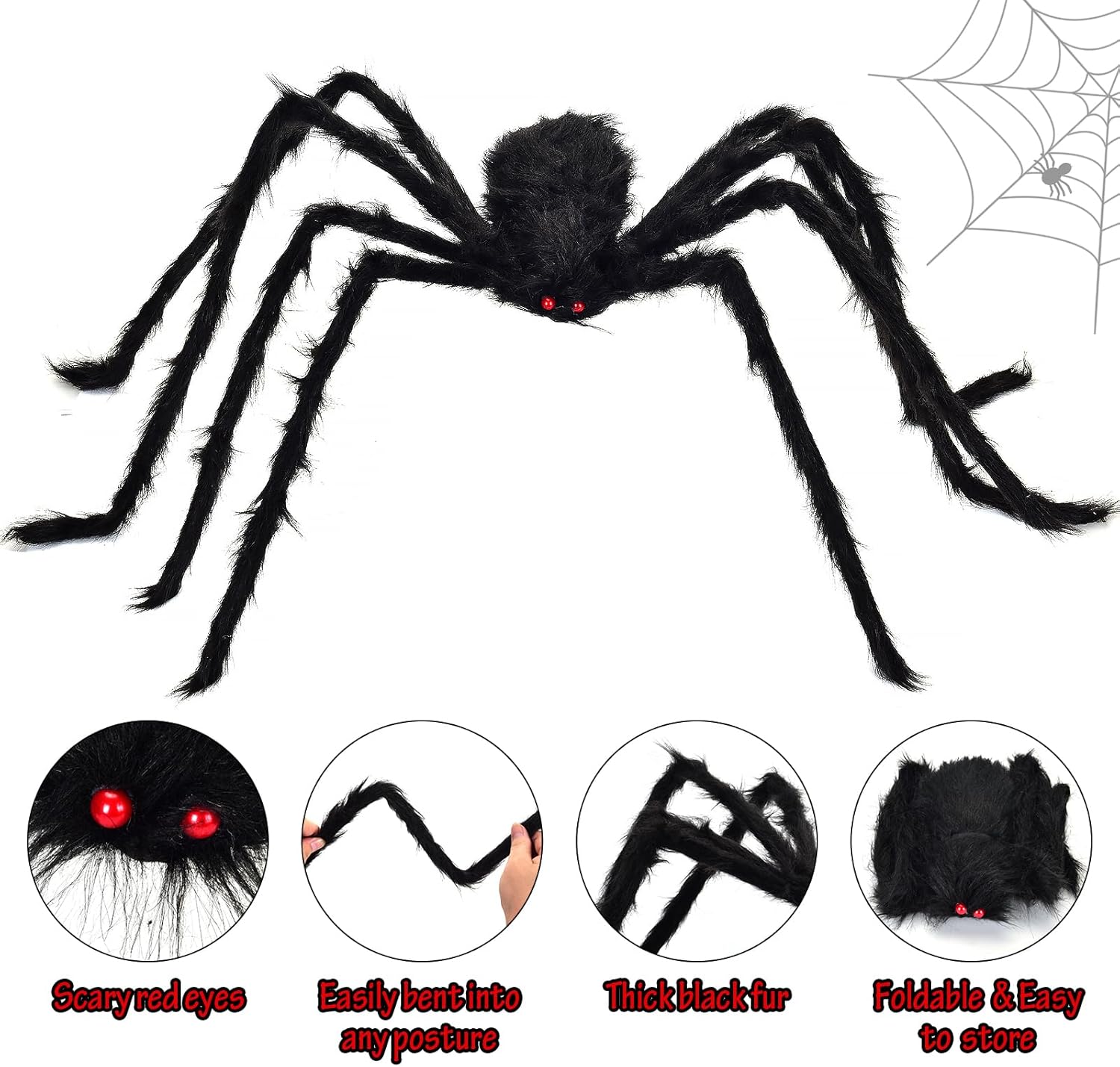 Paquete de 2 decoraciones de Halloween para exteriores, araña negra peluda de 5 pies, araña gigante aterradora, araña grande falsa, accesorios de