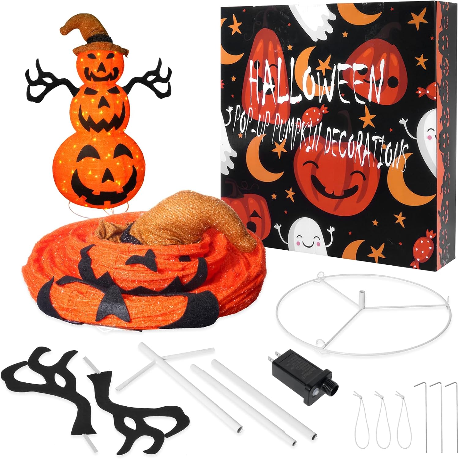Yumhum Decoraciones de calabaza de Halloween preiluminadas de 3.9 pies para exteriores, para porche, enchufar 120 luces LED naranjas, 8 modos de