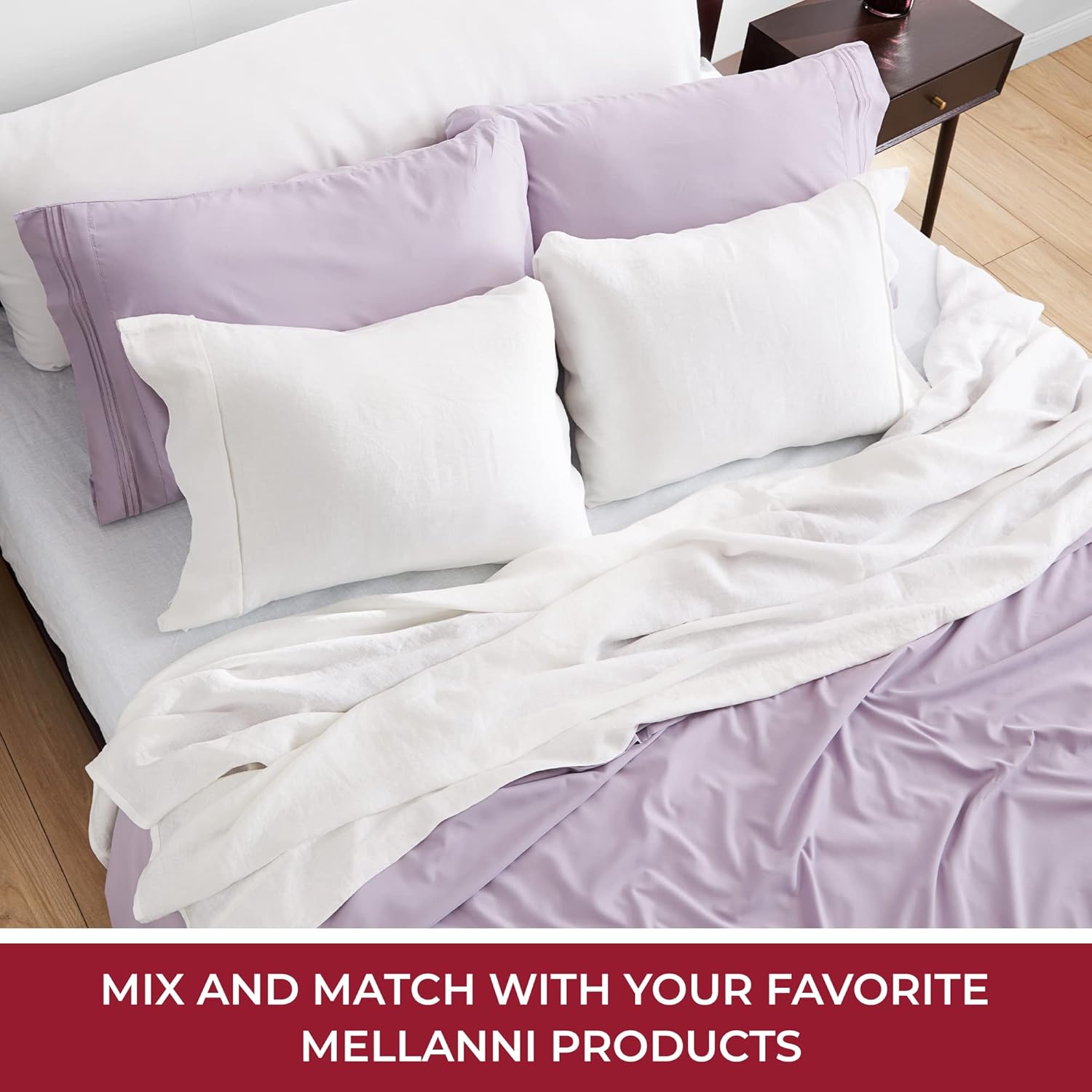 Mellanni Juego de sábanas de lino 100% individual, juego de sábanas de lino blanco, incluye juego de cama plano y ajustable con 1 funda de almohada,