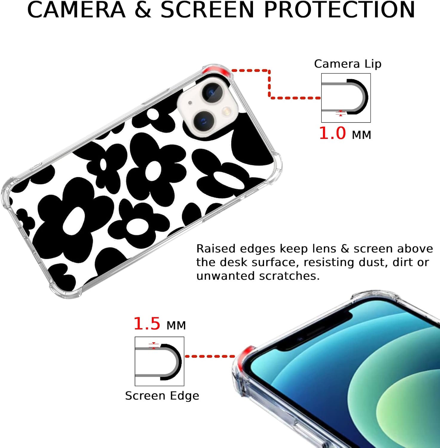 Funda negra con diseño de flores retro de los años 70, compatible con iPhone 13, diseño vintage con diseño floral negro para iPhone 13, diseño de