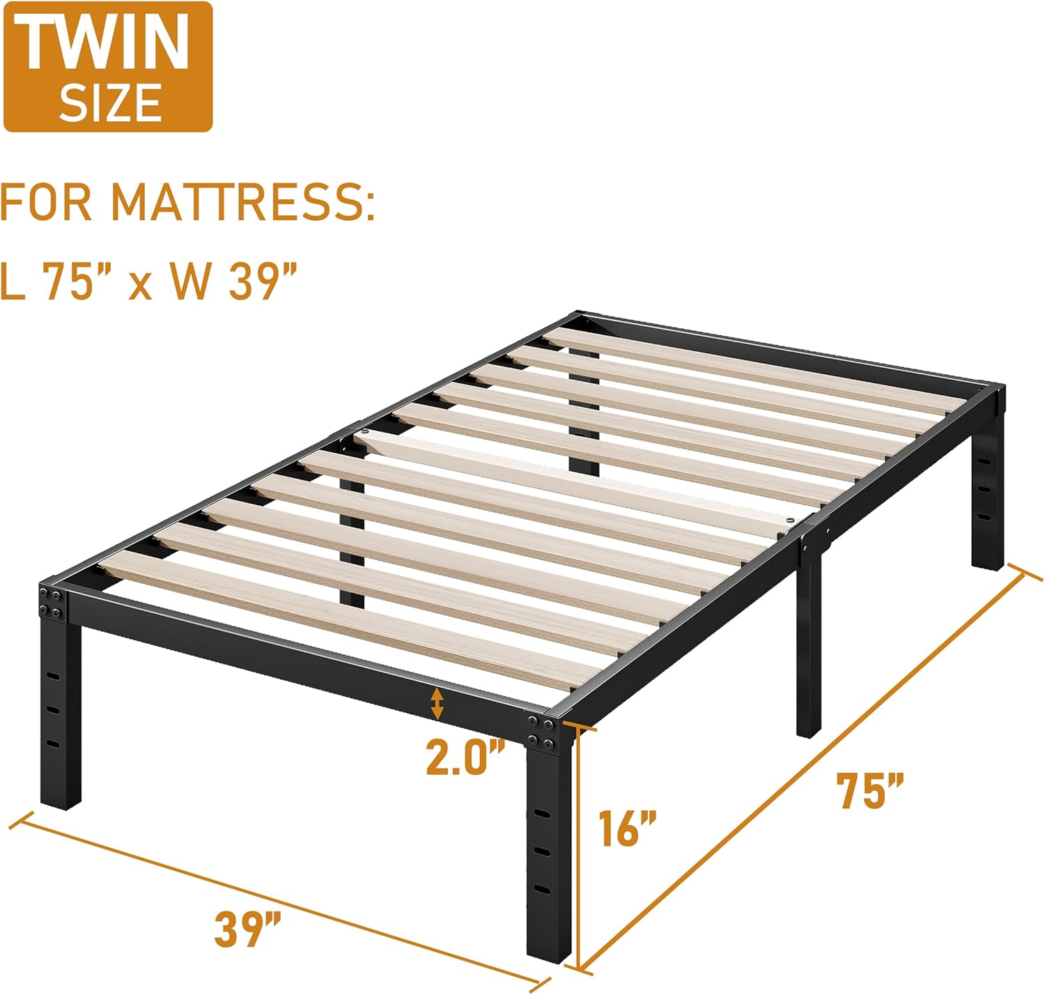 Cleaniago Marco de cama de tamaño individual, soporte de listones de madera, 16 pulgadas de alto, resistente soporte de 3500 libras para colchón, no