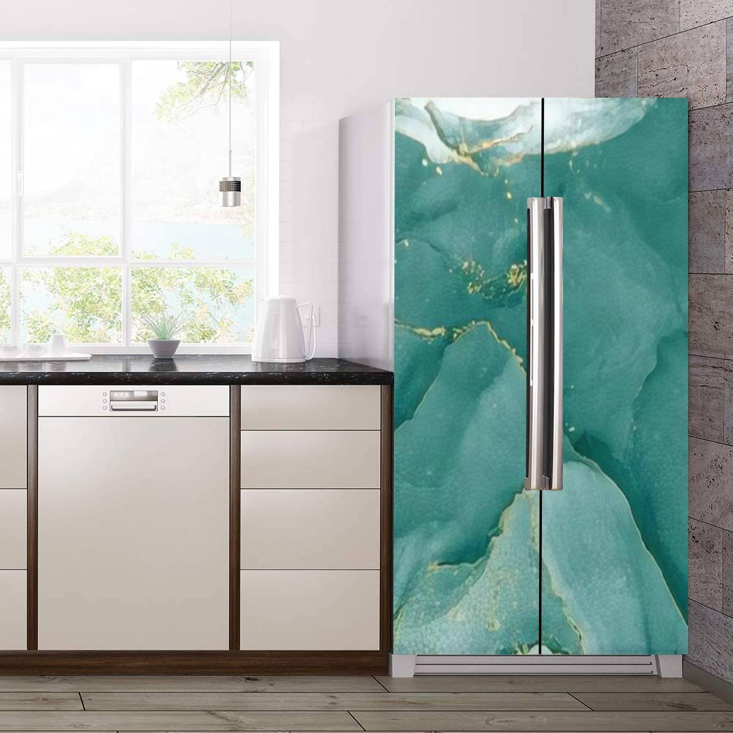 Juego de envoltorios de vinilo autoadhesivos para refrigerador, tiras de hielo de malaquita, agua, alcohol, tinta, mural de puerta, adhesivo