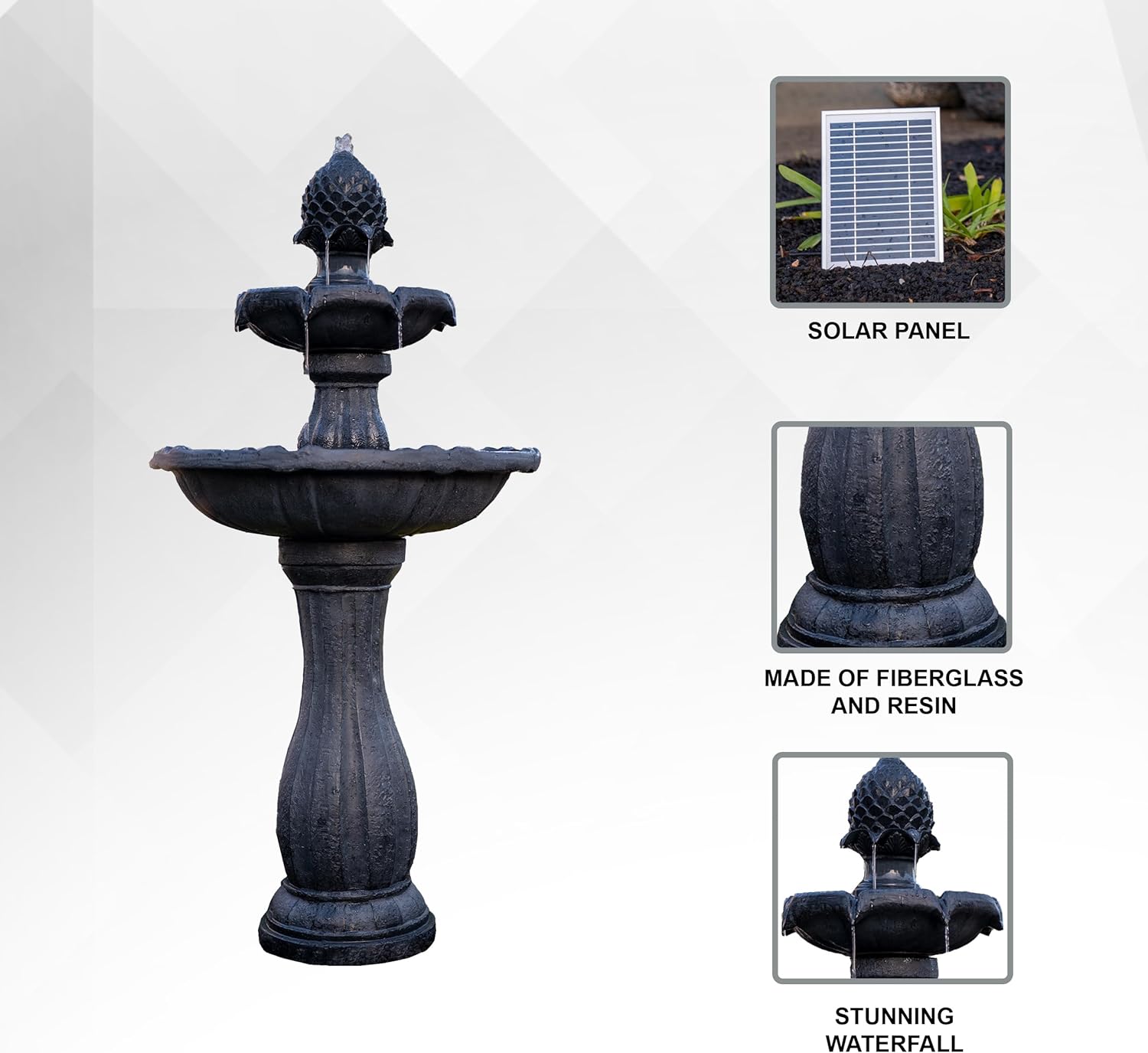 XBrand Fuente de agua solar de 2 niveles de fibra de vidrioresina negra de 44 pulgadas de alto con panel solar y bomba de apagado automático, fuente