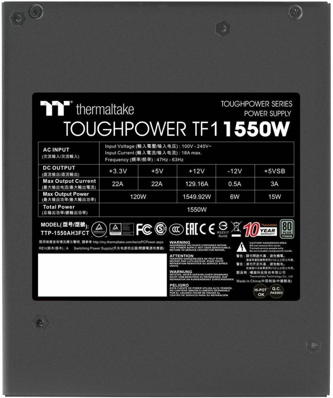 Thermaltake Toughpower TF1 1550W 80+ Fuente de alimentación modular completa con control analógico de titanio SLI y lista para CrossFire, protección
