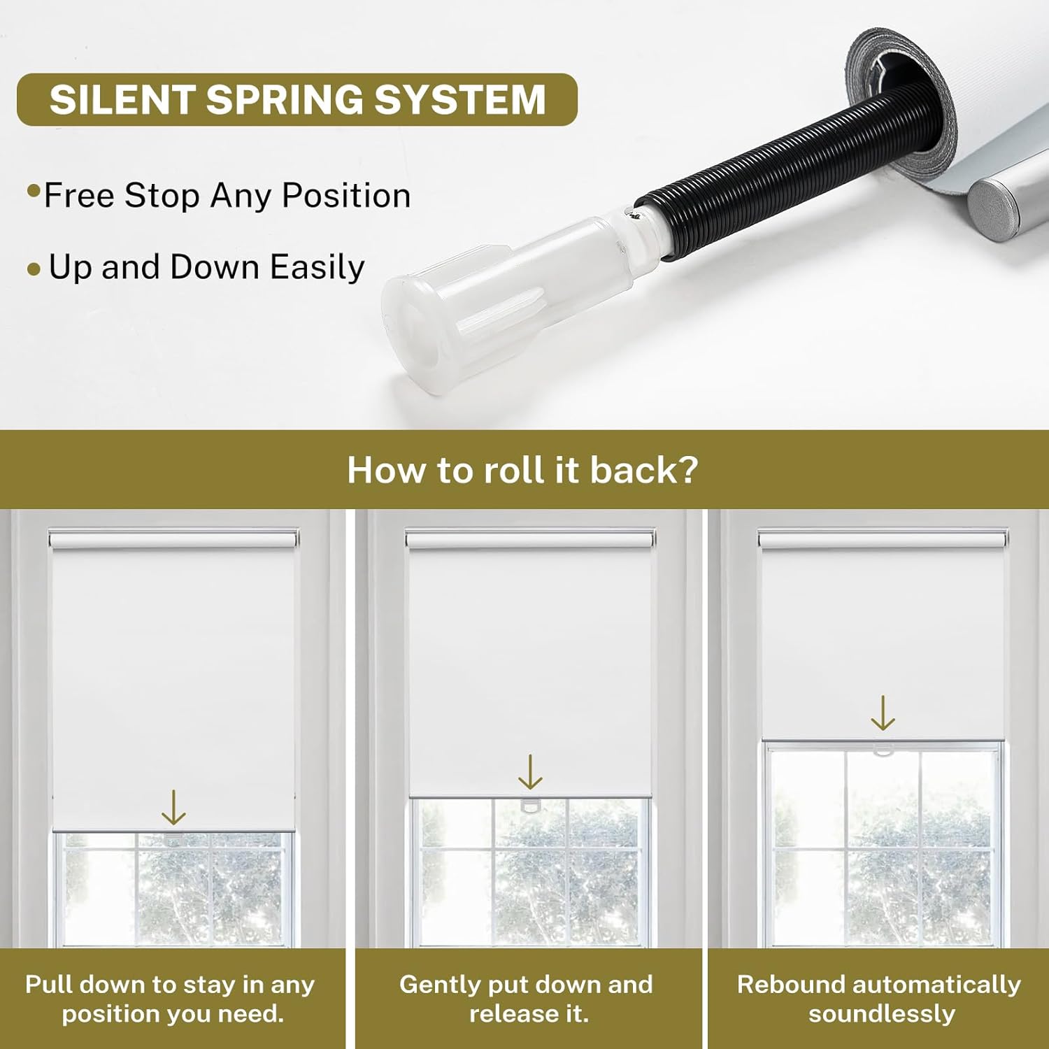 Persianas enrollables inalámbricas Free-Stop para ventanas, persianas enrollables con levantamiento de resorte con aislamiento térmico para el