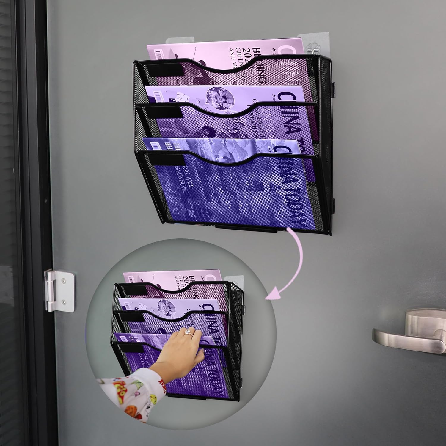 Paquete de 2 organizadores de archivos de pared de 3 bolsillos, organizador de correo, soporte de revistas, soporte vertical de malla para colgar