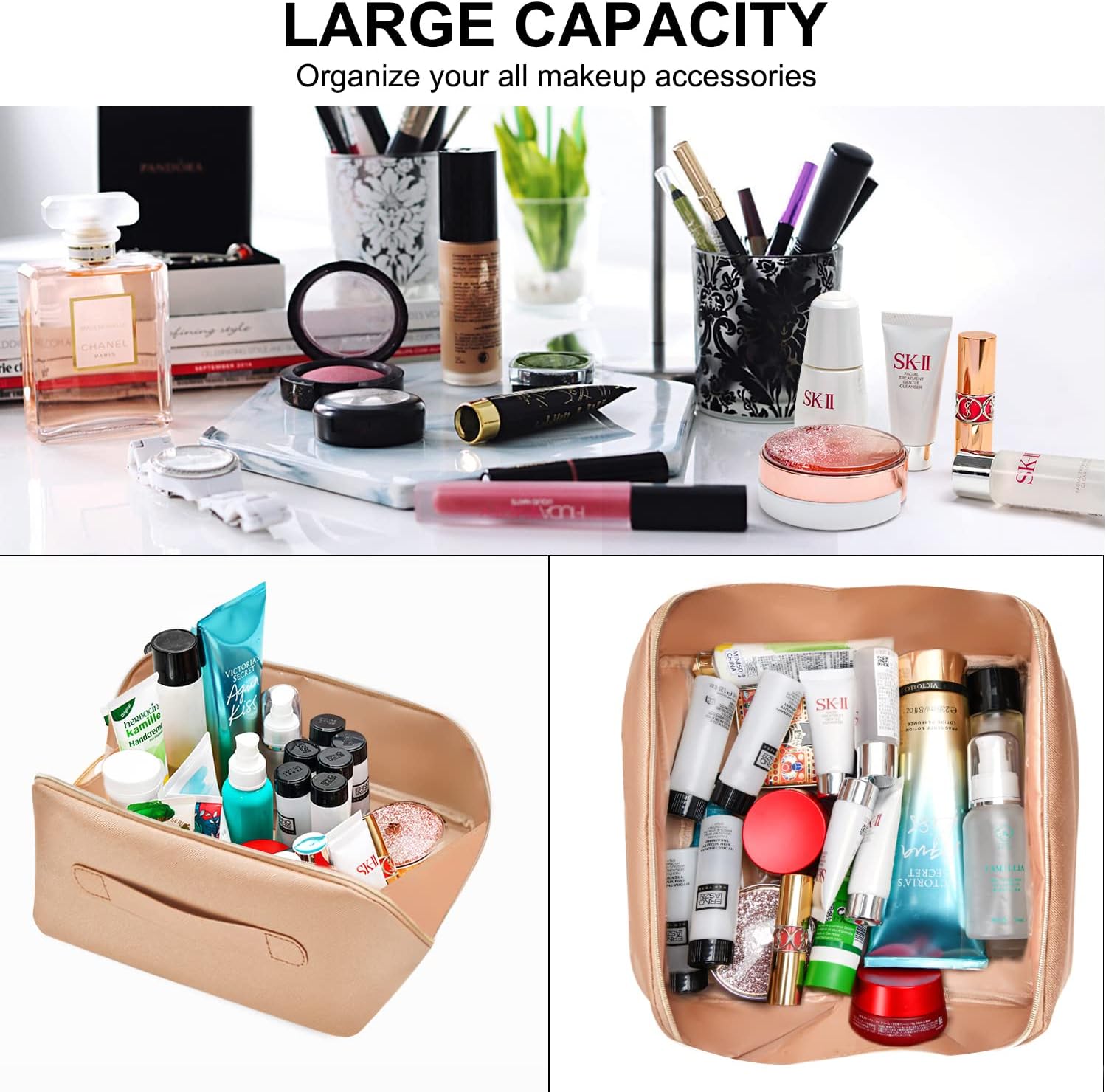 Bolsa de maquillaje portátil que se abre plana para un fácil acceso, bolsa de cosméticos impermeable, bolsa de aseo personal, accesorios de viaje